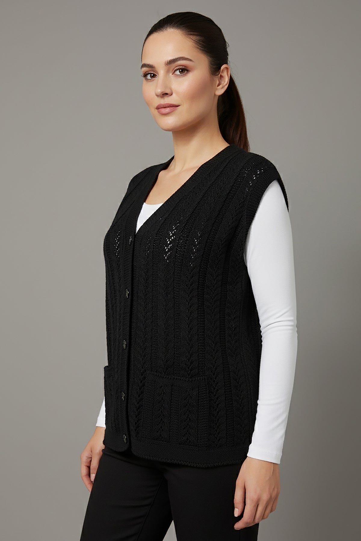 Groot Maat Gebreid Vest — Zwart