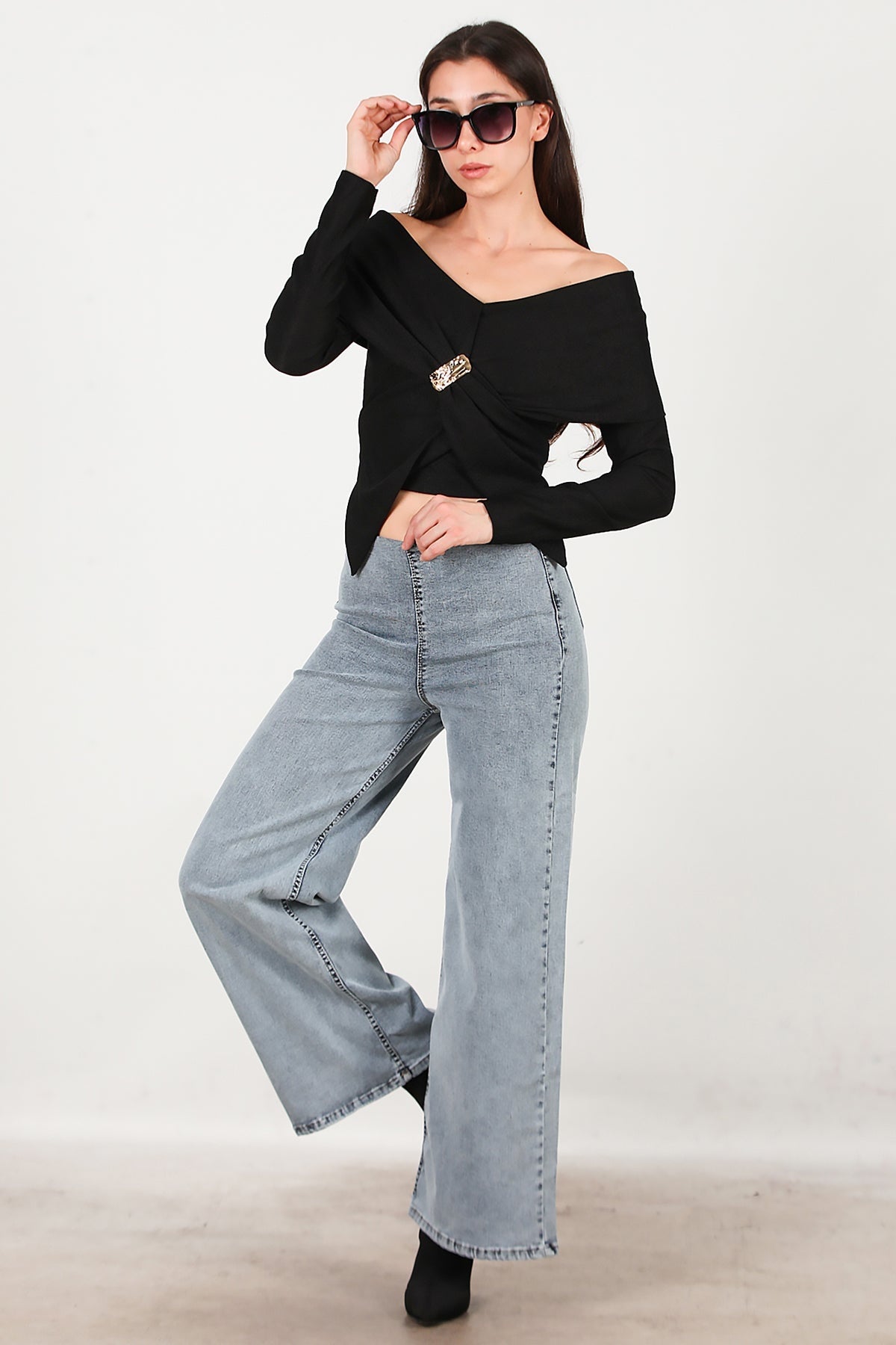 Wide‑Leg Jeans With Elastic Waist — Blue