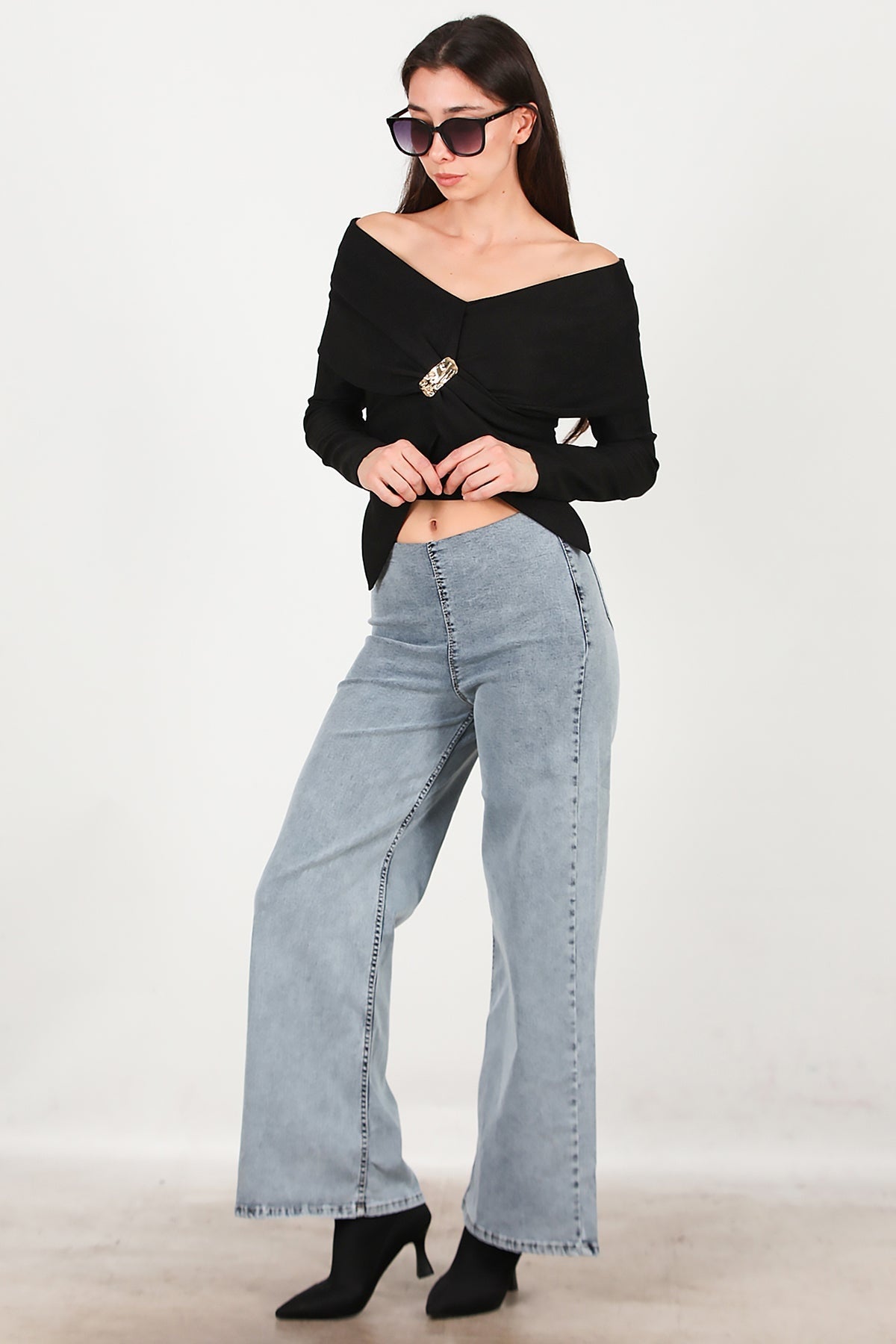 Wide‑Leg Jeans With Elastic Waist — Blue