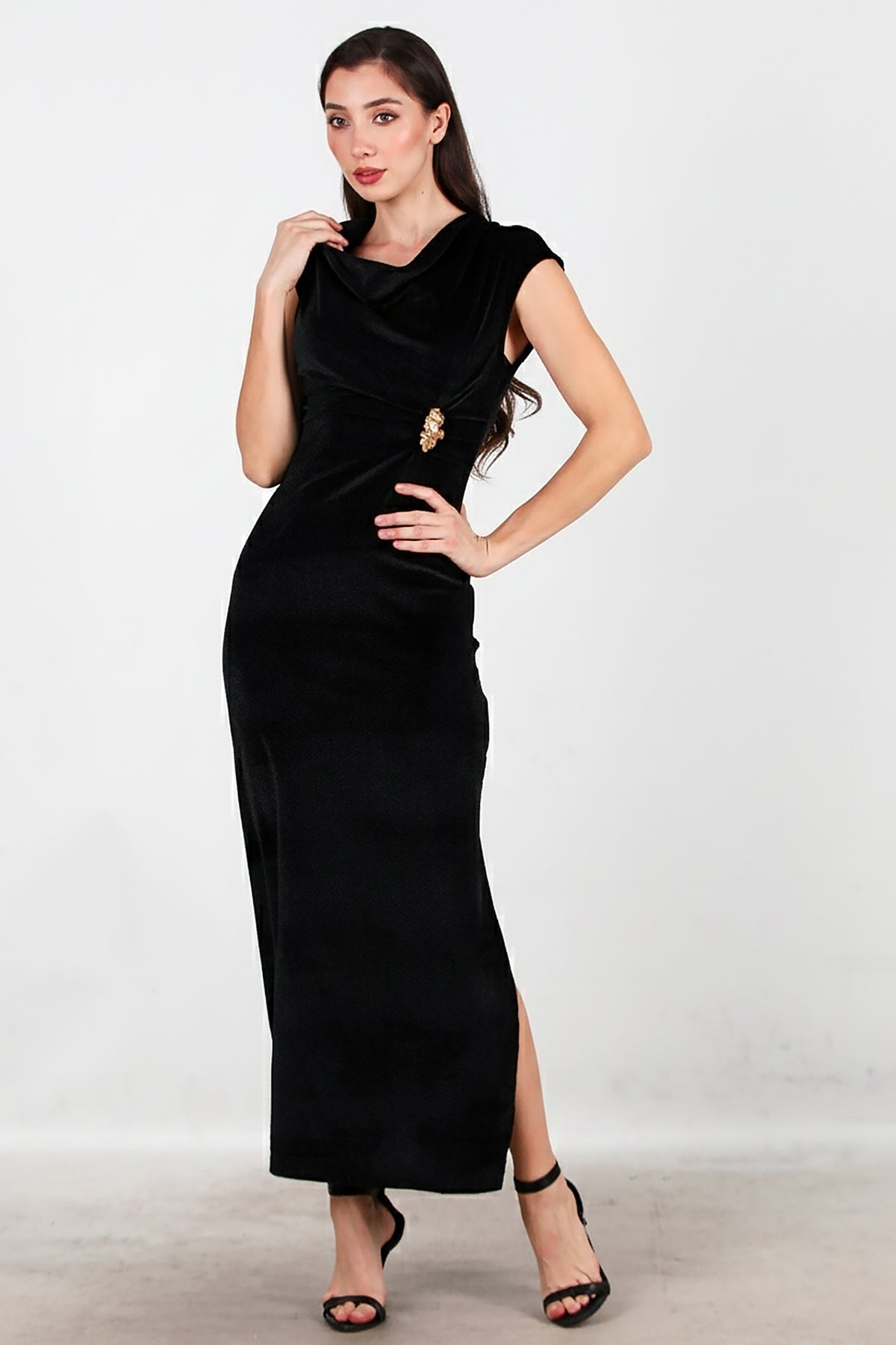 Buckle - Detail Long Velvet Dress — Black