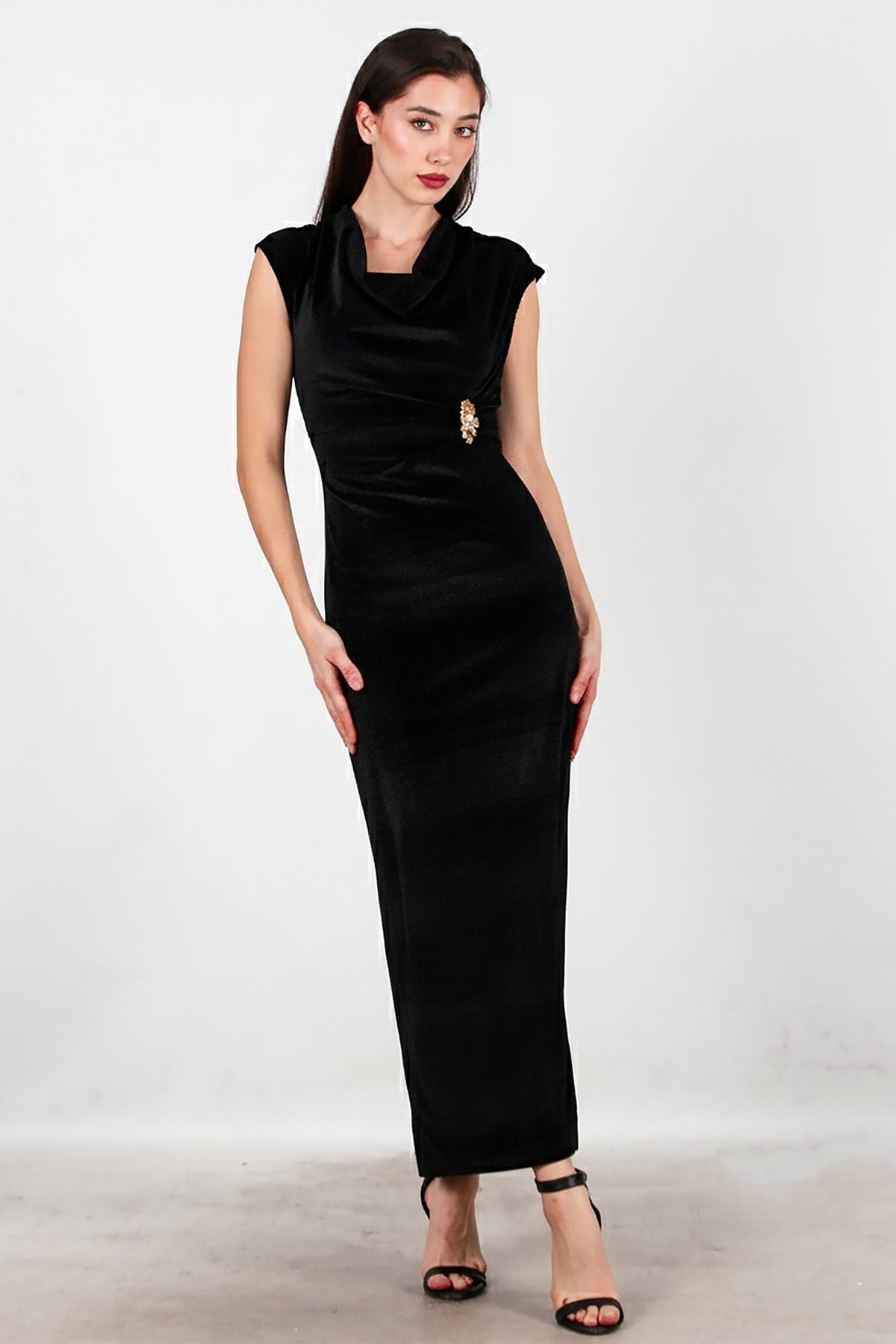 Buckle - Detail Long Velvet Dress — Black
