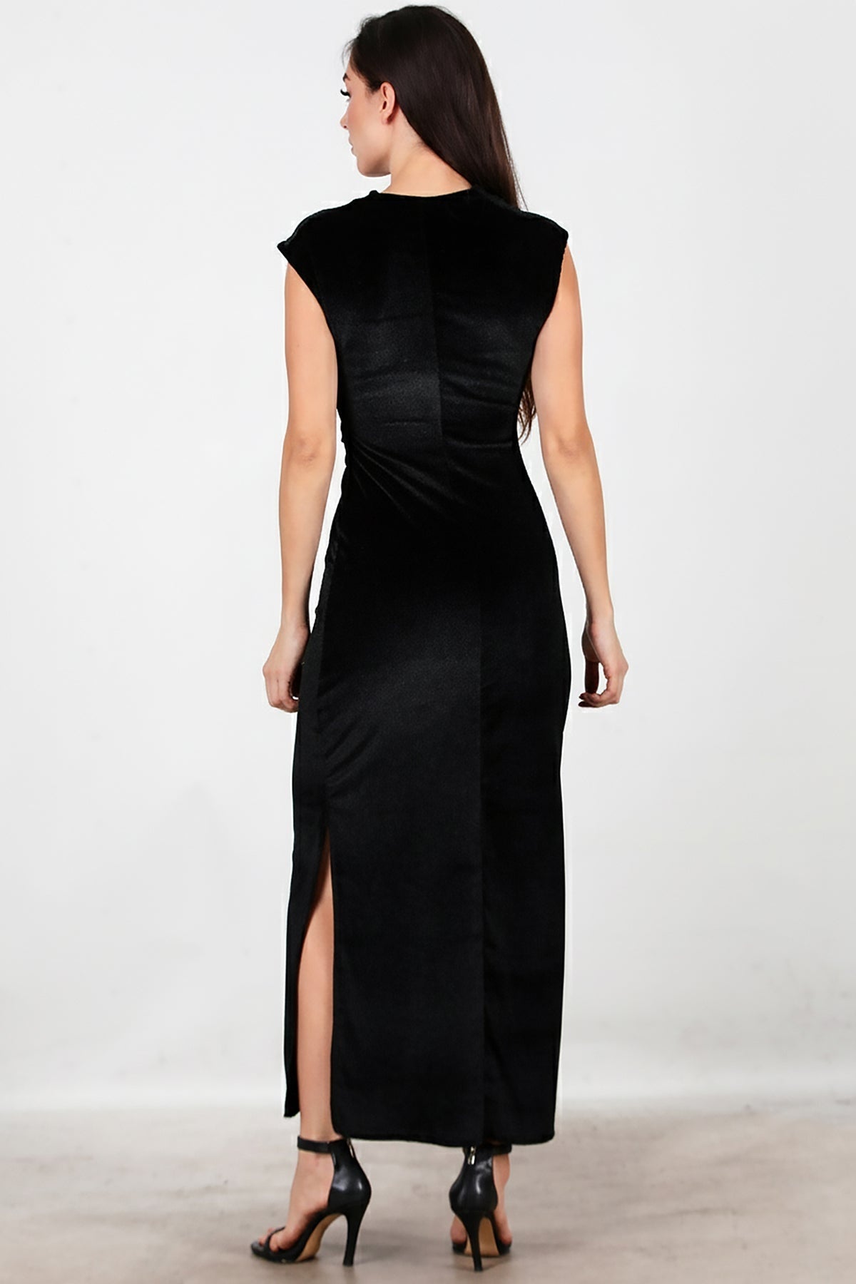 Buckle - Detail Long Velvet Dress — Black