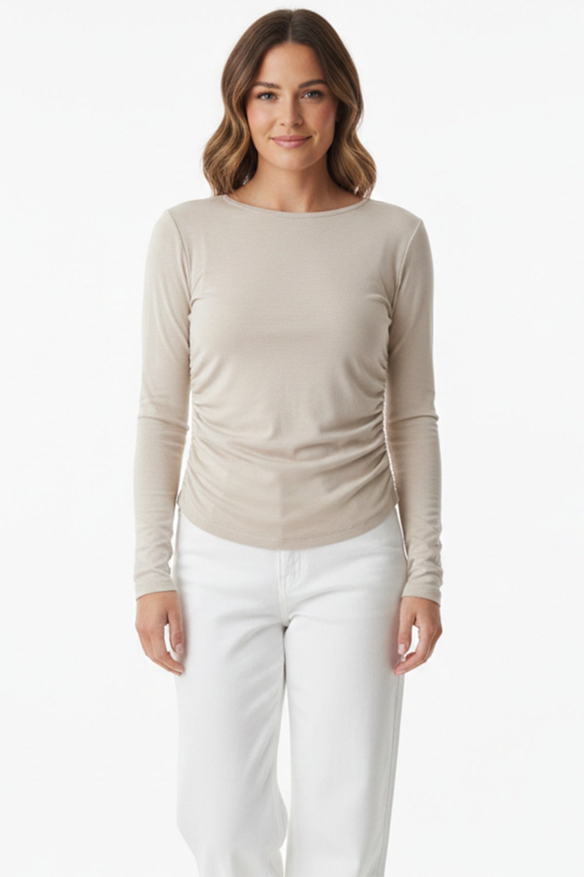 Boat - Neck Fitted Top With Ruched Sides — Taupe