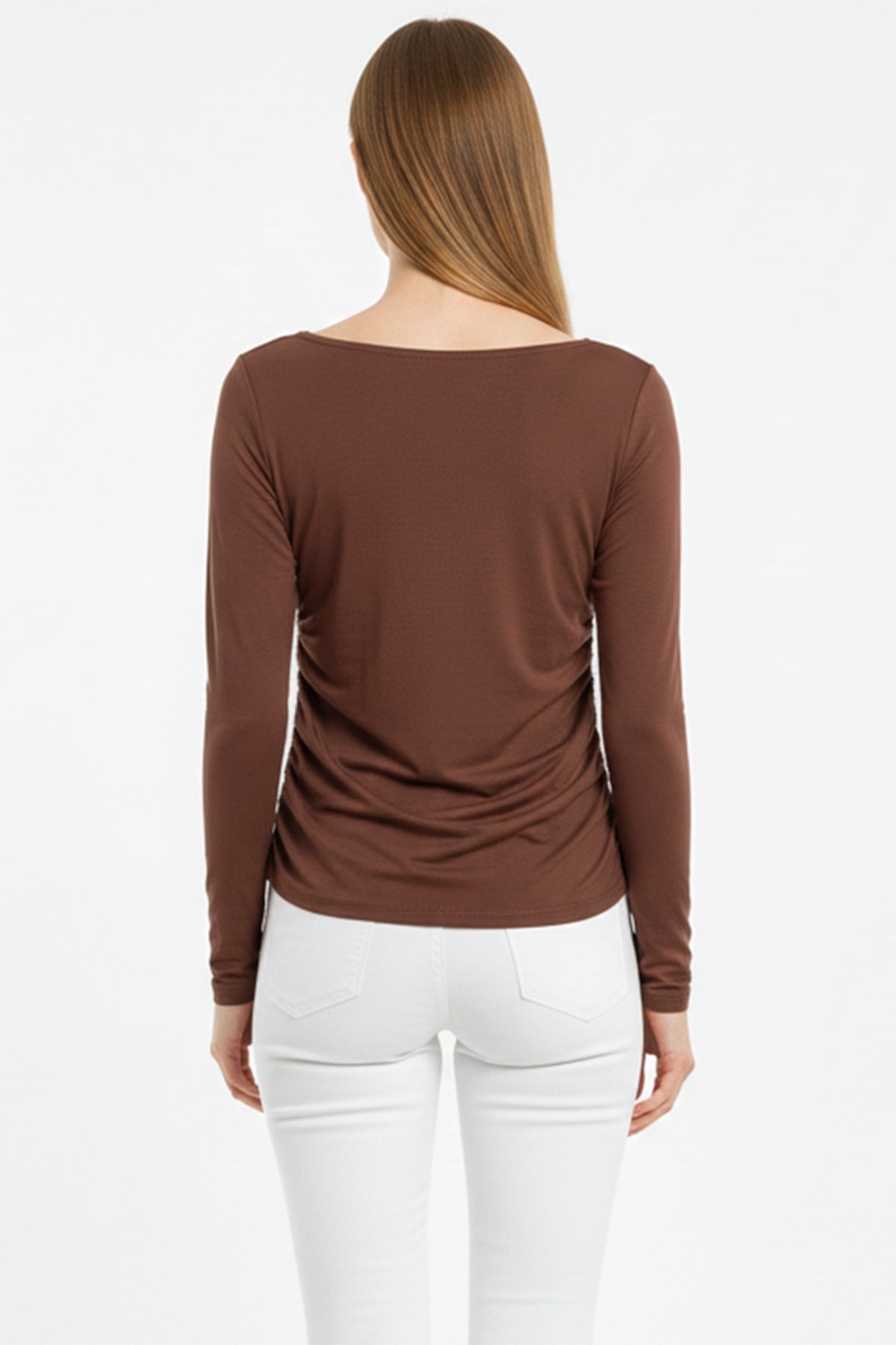 Boat - Neck Ruched Body Top — Brown