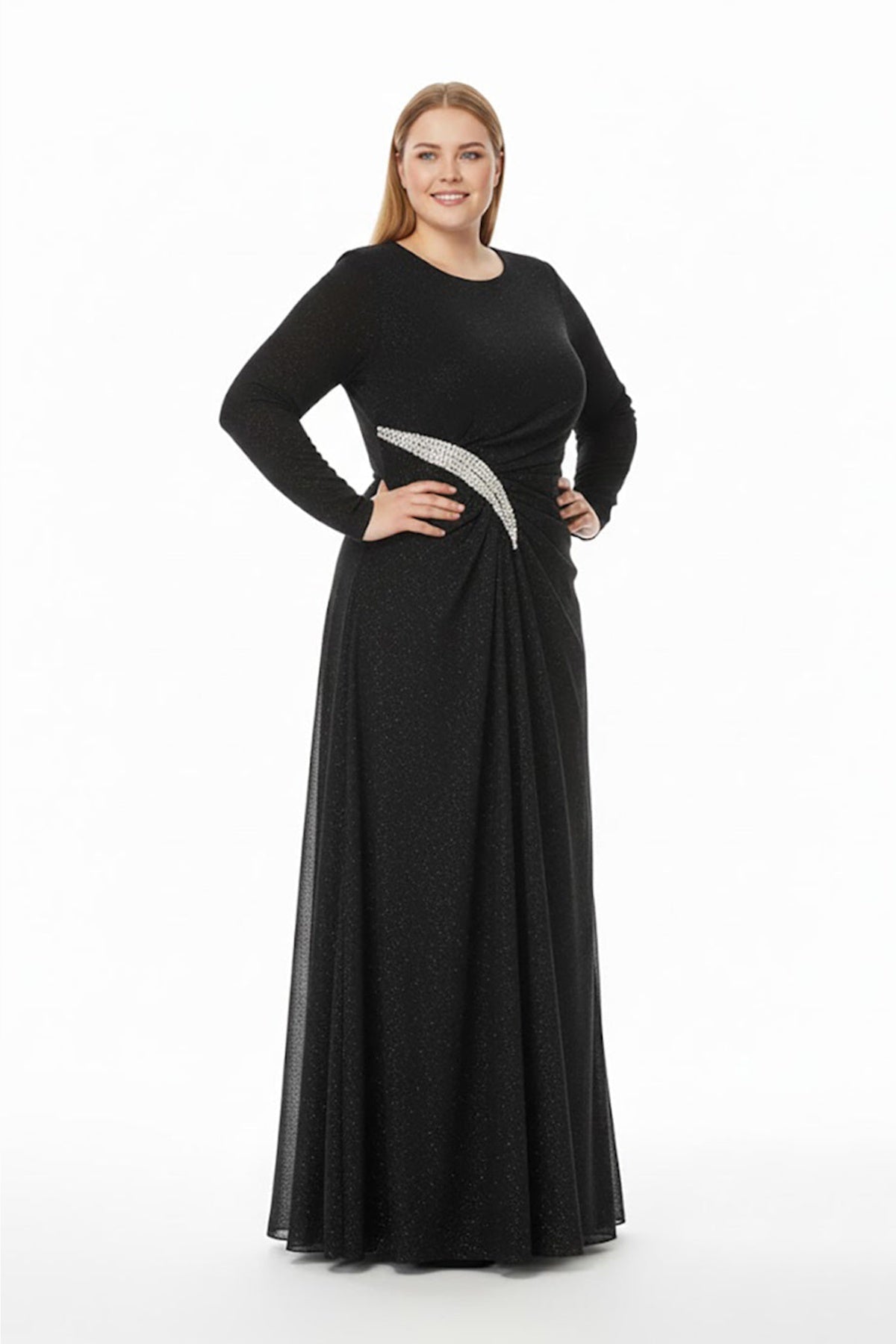 Plus - Size Long - Sleeve Evening Dress With Stone - Embellished Waist — Black