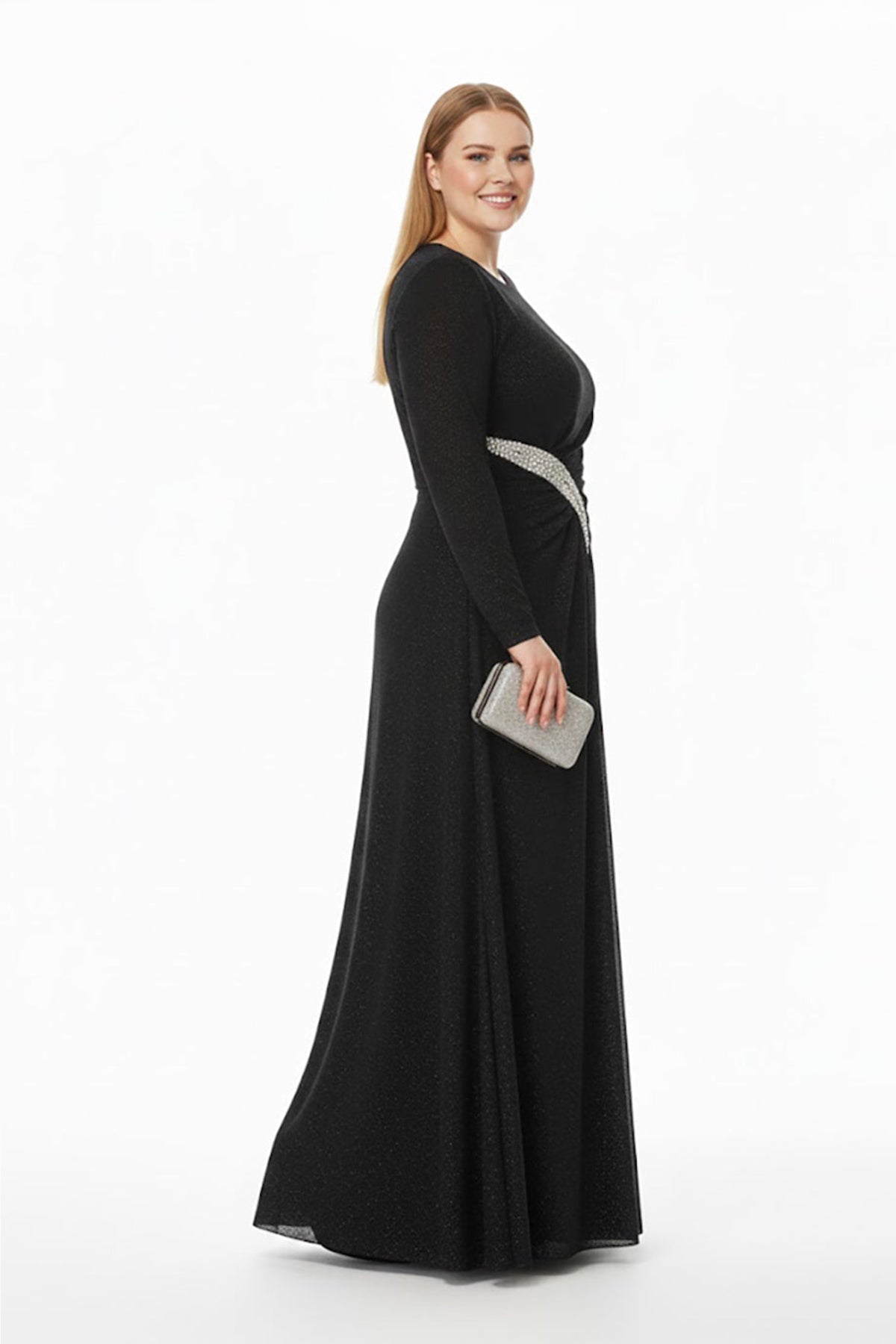 Plus - Size Long - Sleeve Evening Dress With Stone - Embellished Waist — Black