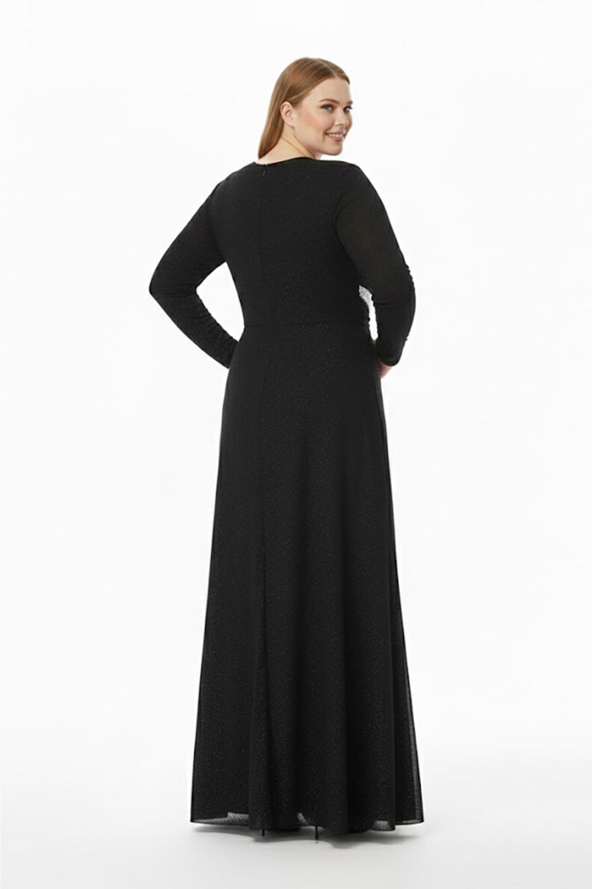 Plus - Size Long - Sleeve Evening Dress With Stone - Embellished Waist — Black