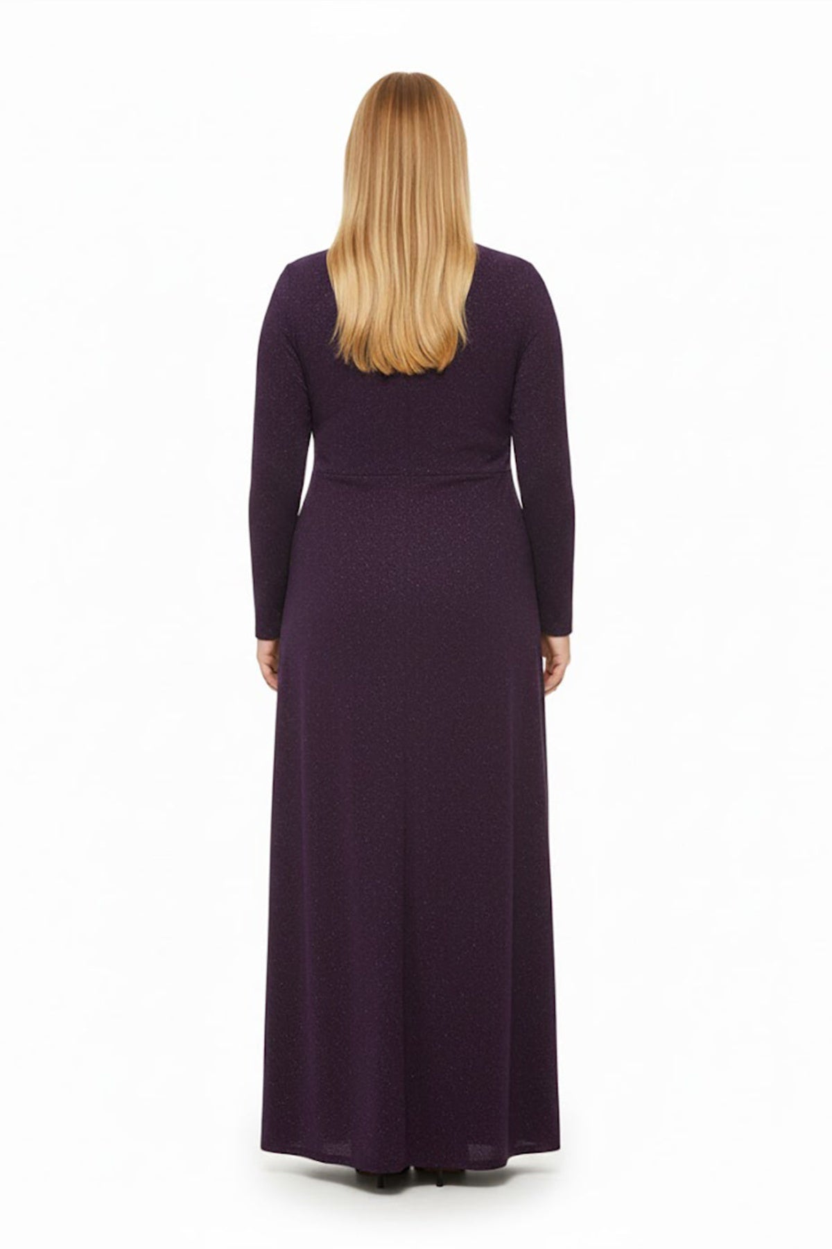 Abendkleid in Großen Größen mit langen Ärmeln und steinverzierter Taille – Lila