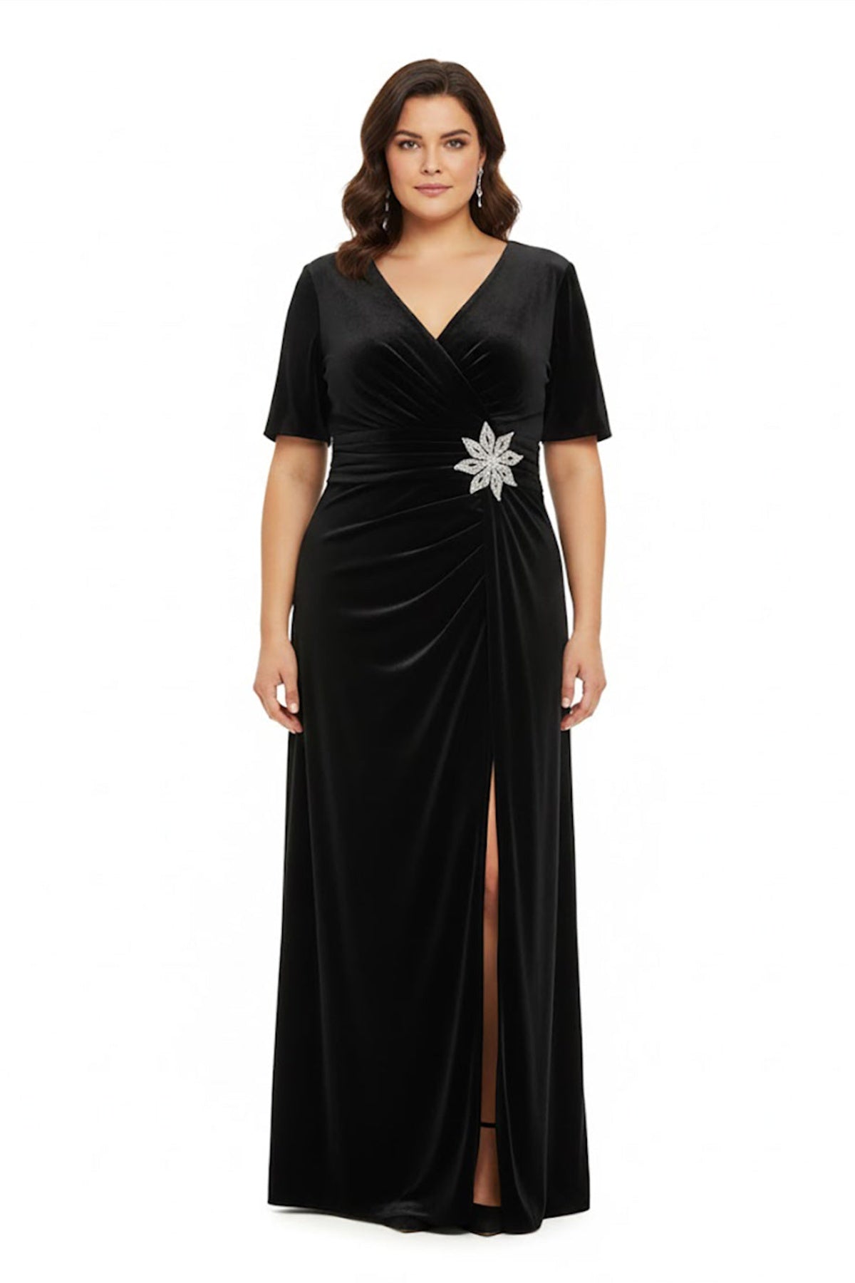 Plus - Size Evening Dress With Floral Waist Embellishment — Black