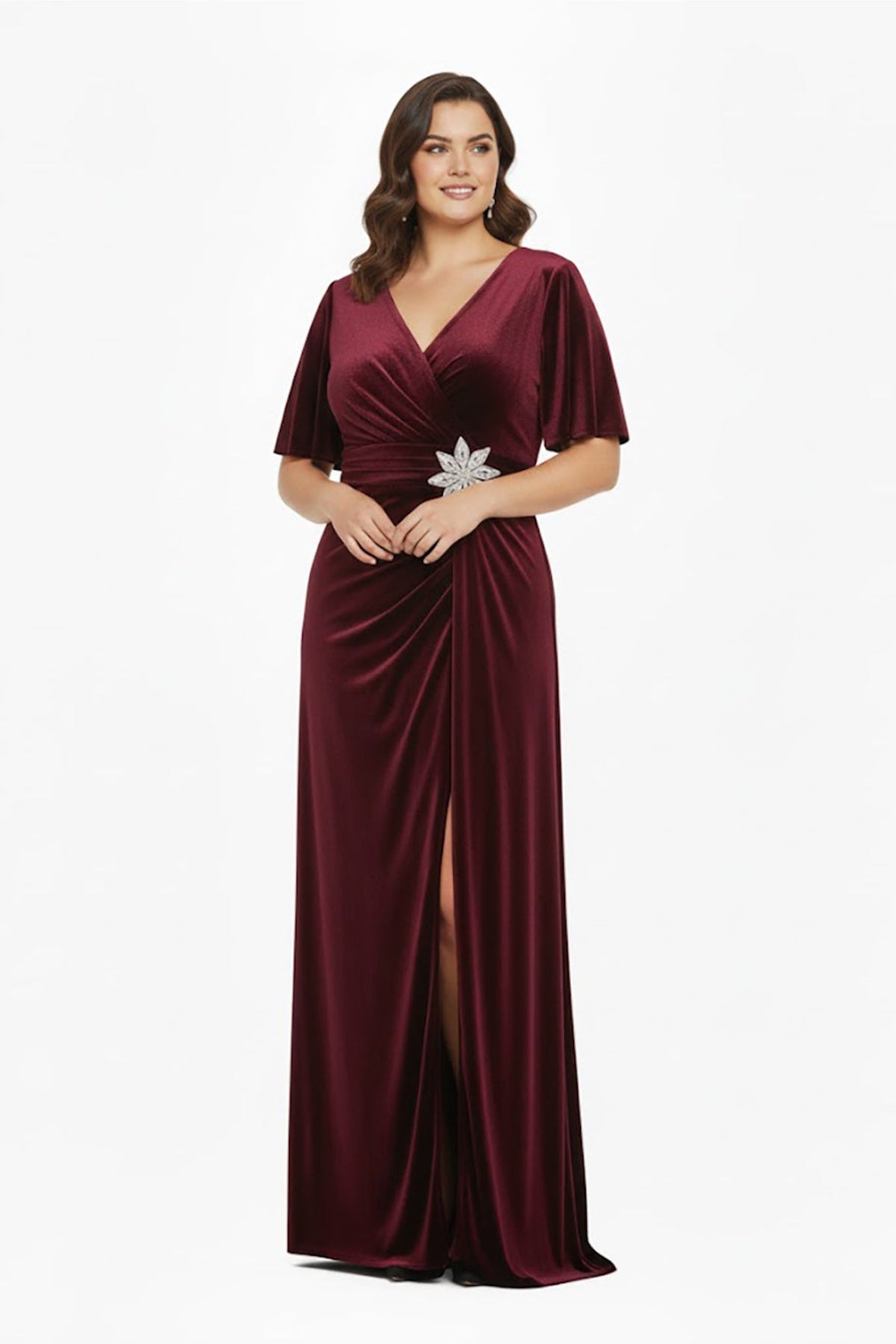 Plus - Size Evening Dress With Floral Waist Embellishment — Burgundy