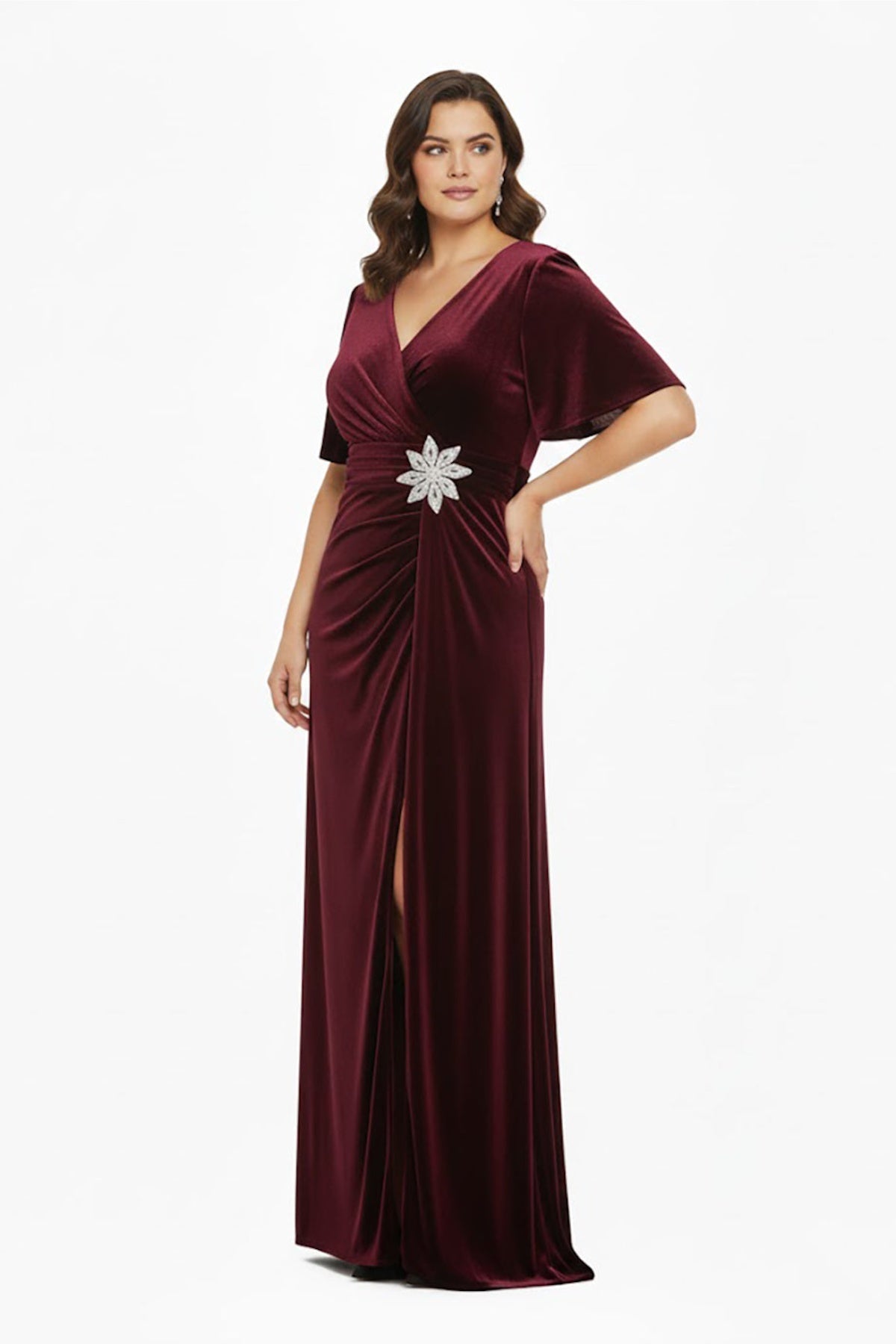 Plus - Size Evening Dress With Floral Waist Embellishment — Burgundy