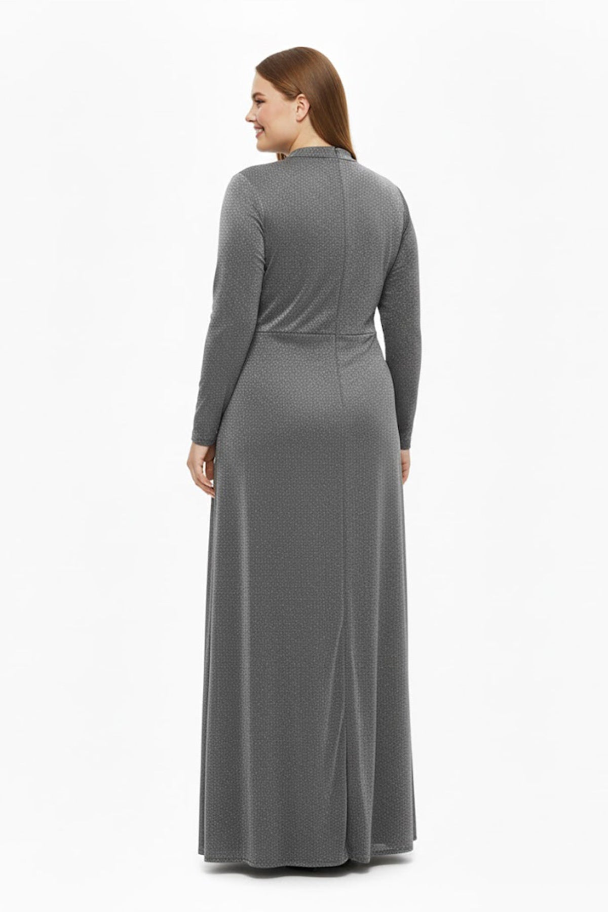 Große Größen: Langärmliges Abendkleid mit Taillenbetonung durch Steine – Grau