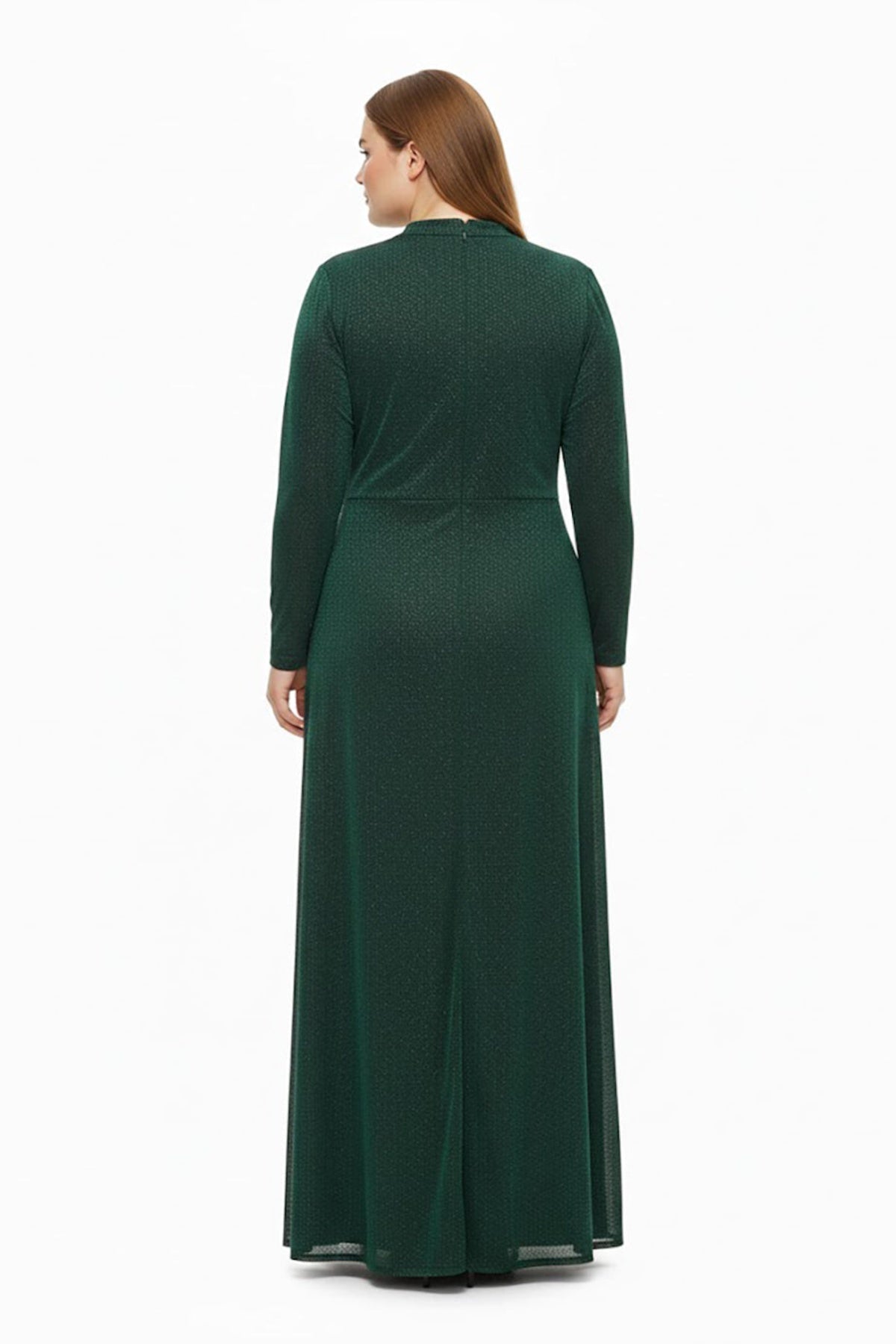 Großgrößen-Abendkleid mit langen Ärmeln und Taillenverzierung mit Steindetails – Grün