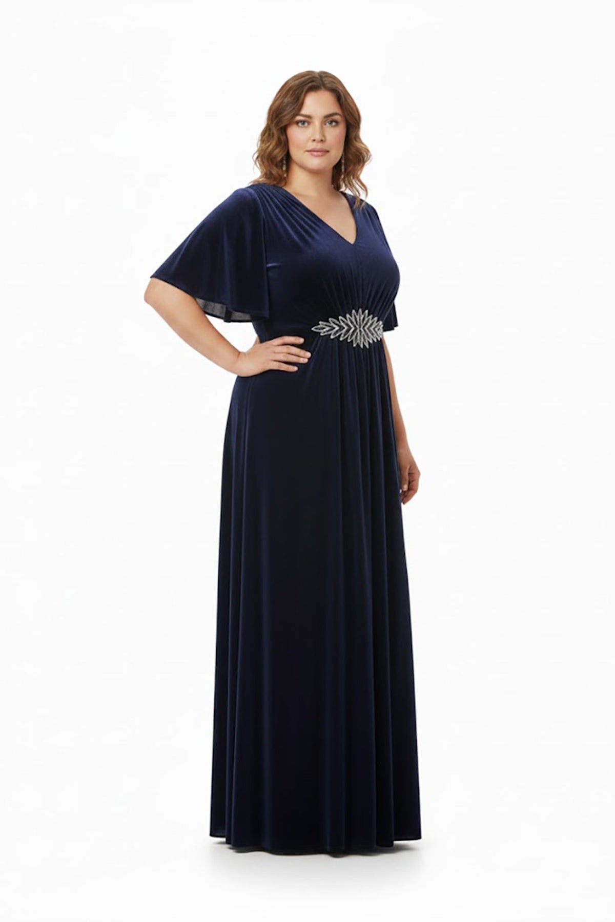Plus‑Size Short‑Sleeve Evening Dress With Stone‑Detail Waist — Navy