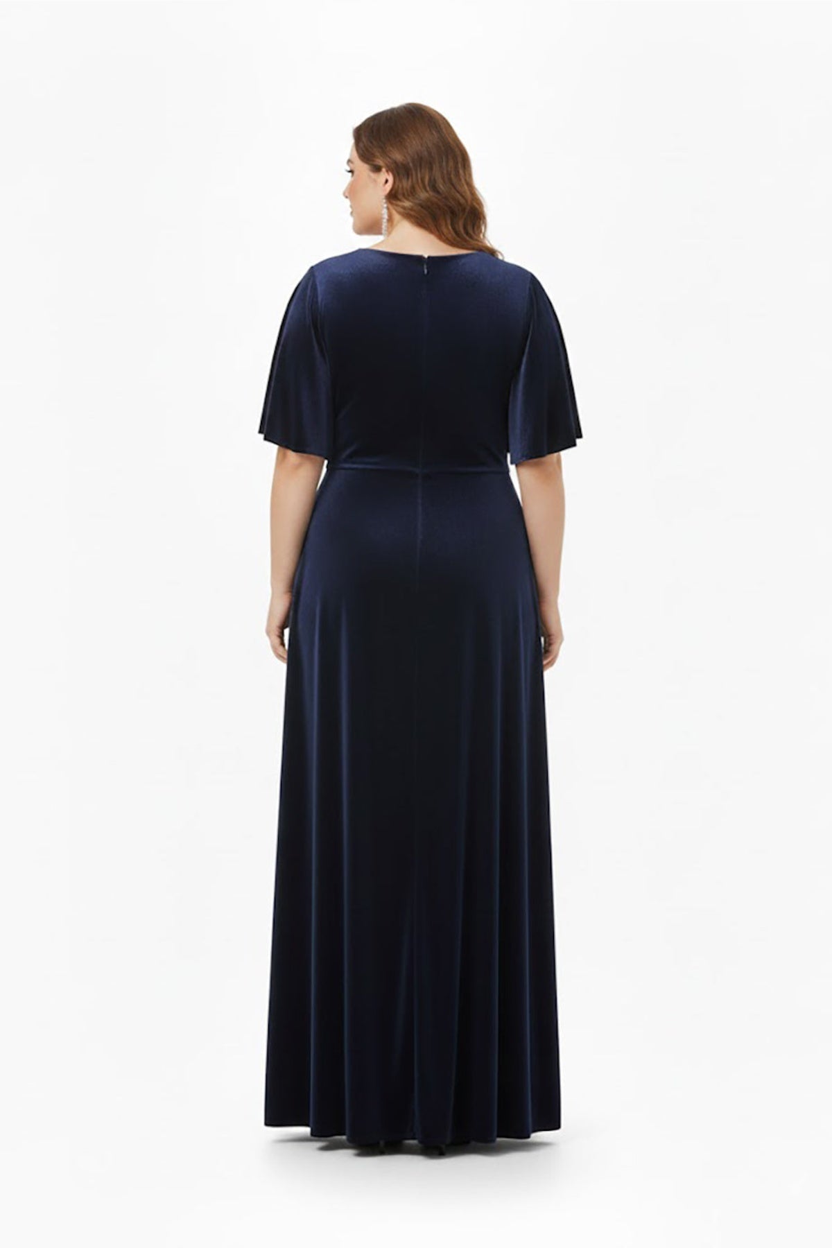 Große Größen Kurzärmeliges Abendkleid mit Taillenverzierung aus Steinen — Marineblau