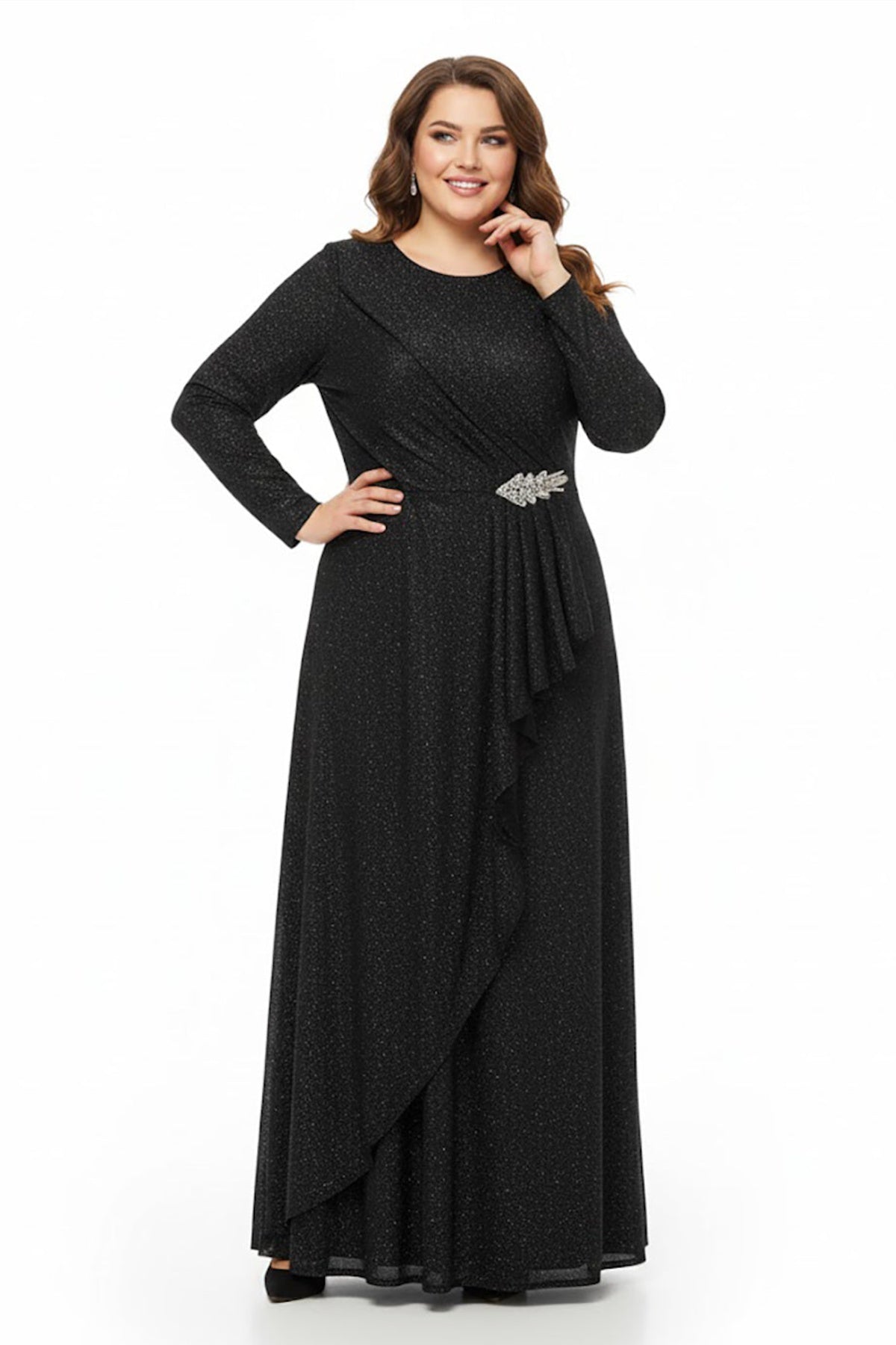 Plus‑Size Long‑Sleeve Evening Dress With Waist Detail — Black