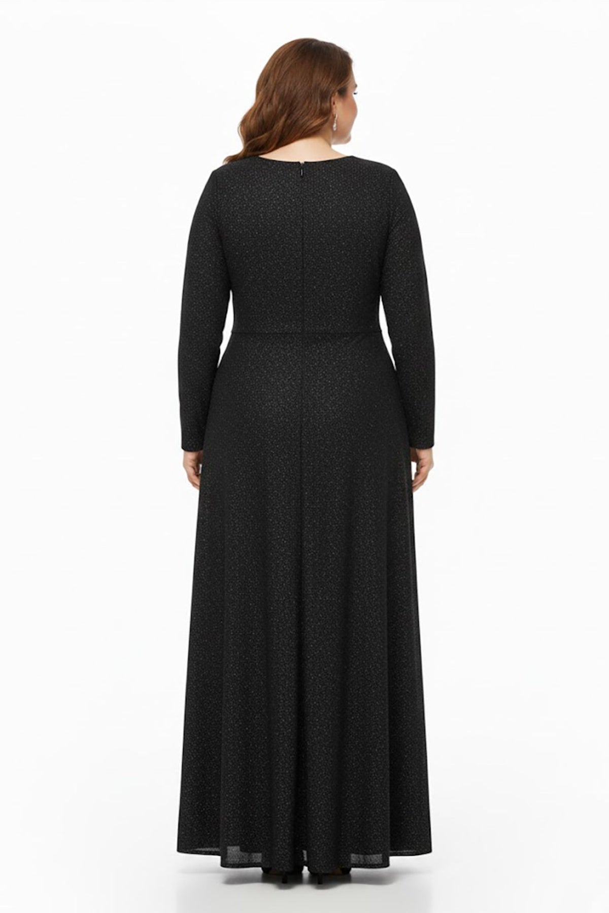 Große Größen Langarm-Abendkleid mit Taillendetail – Schwarz