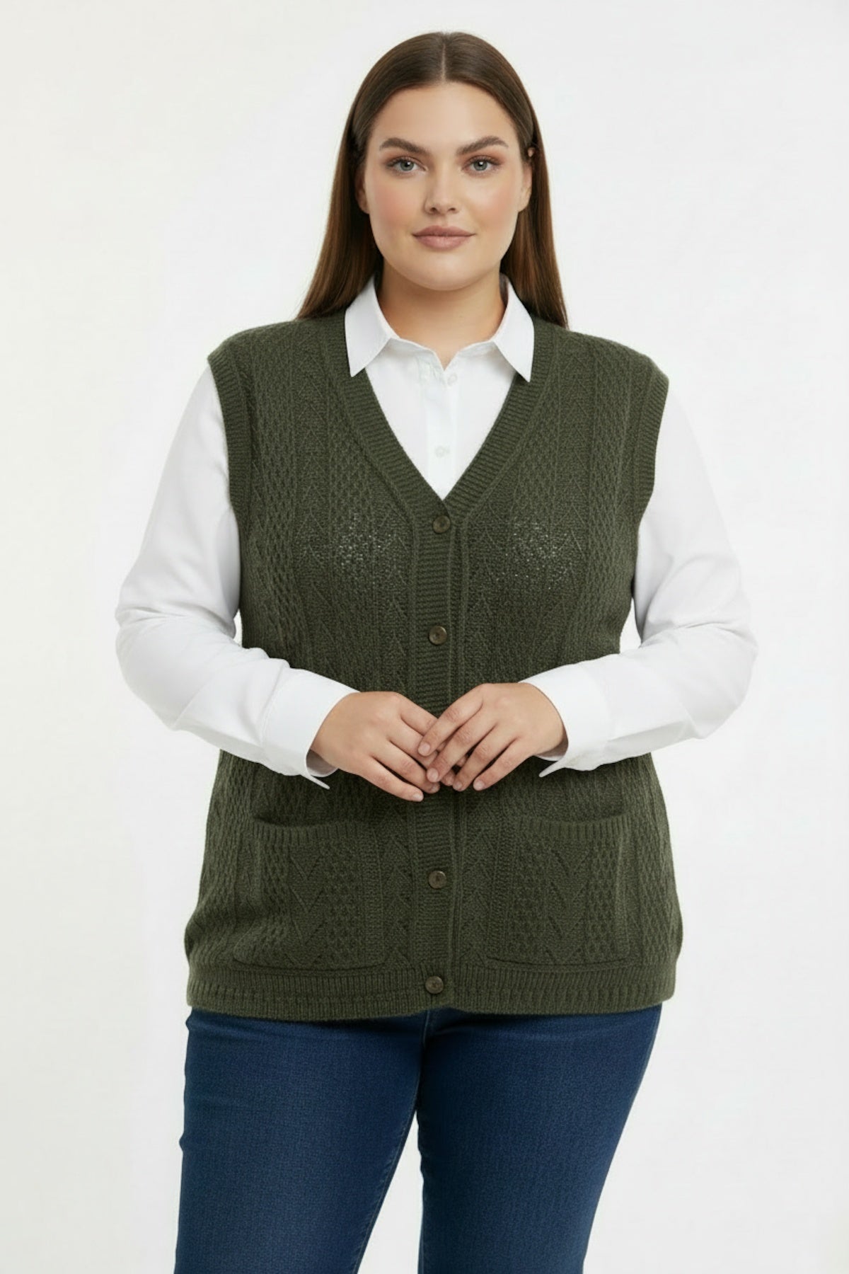 Plus-Size Gebreid Vest — Khaki