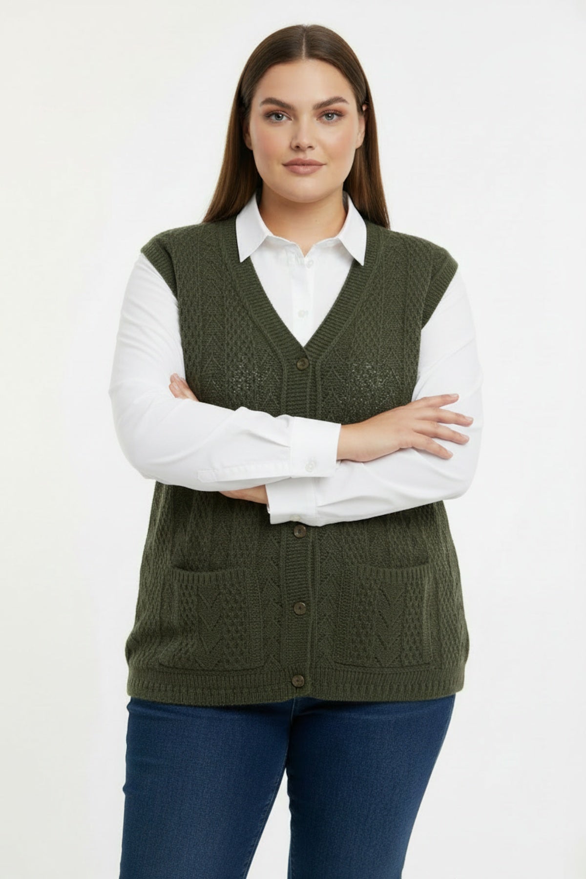 Plus-Size Gebreid Vest — Khaki