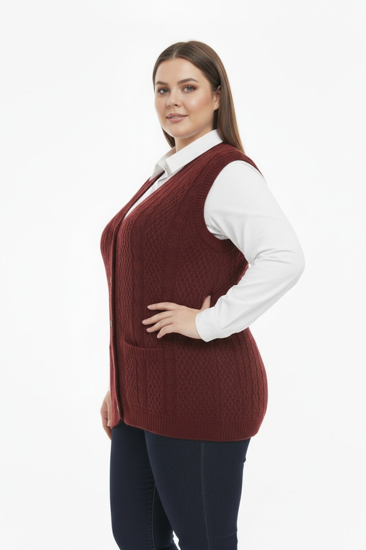 Grote Maten Gebreid Vest — Bordeaux