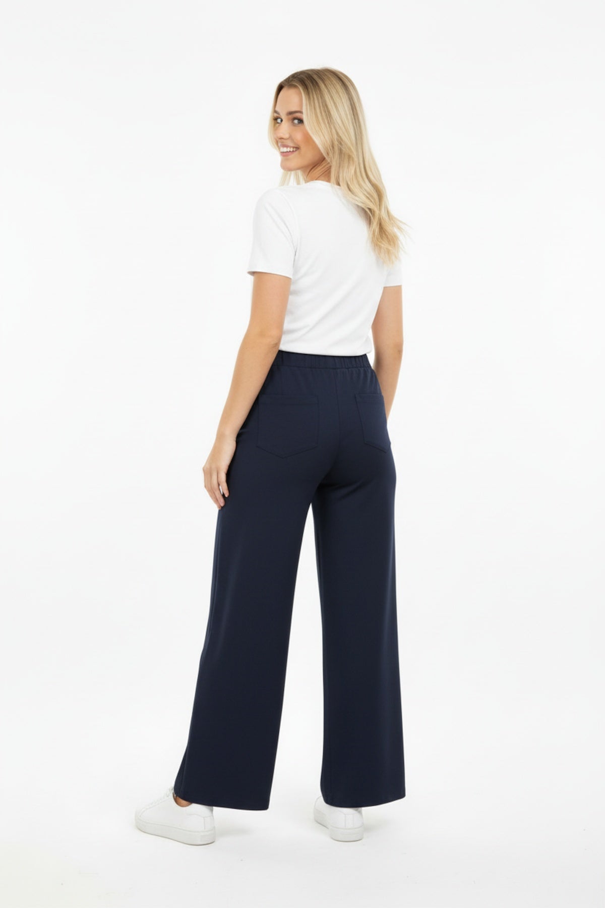 Denim Broek met wijde pijpen en elastische tailleband — Donkerblauw