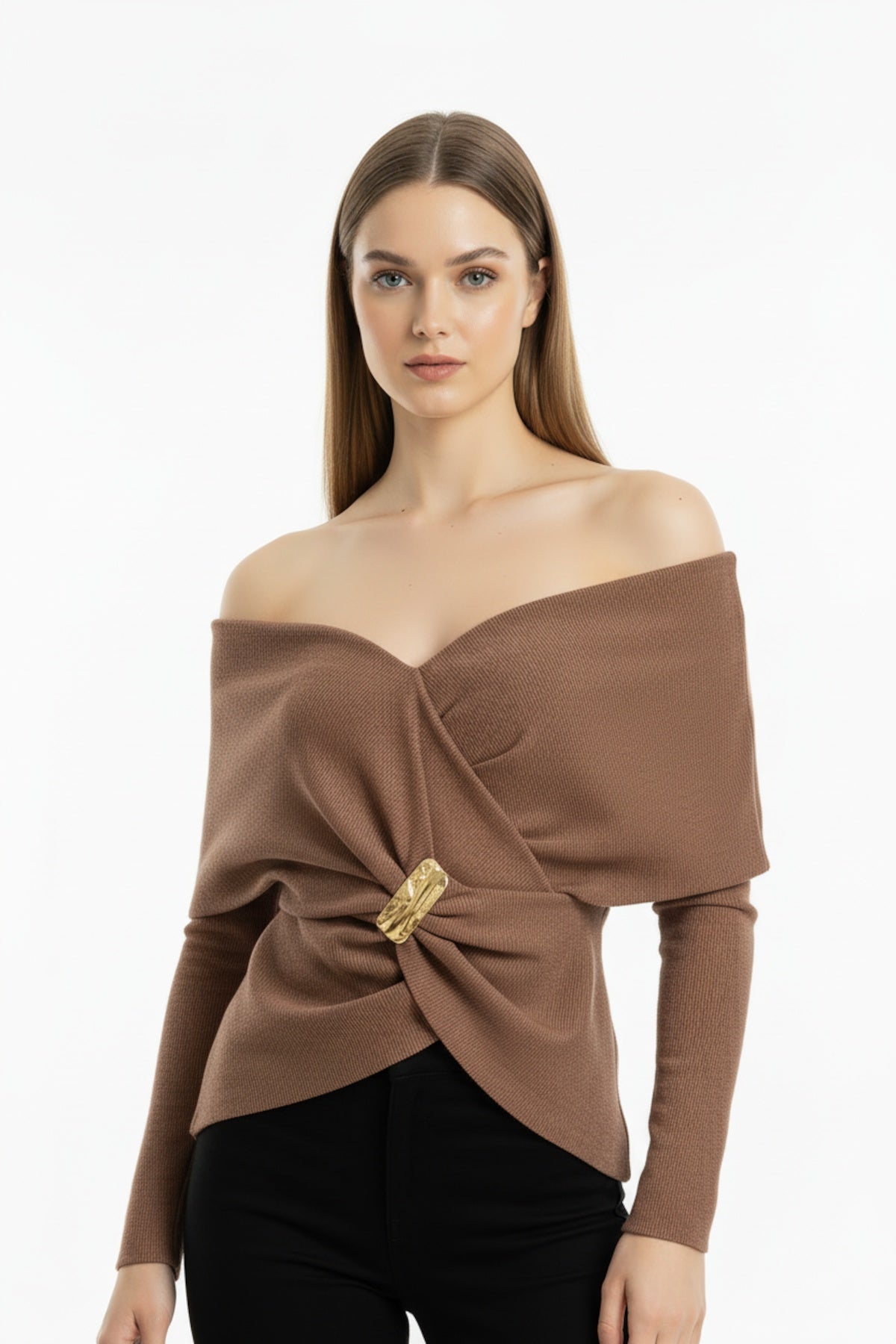 Glamour Shawl - Collar Blouse With Accessory Detail — Brown
