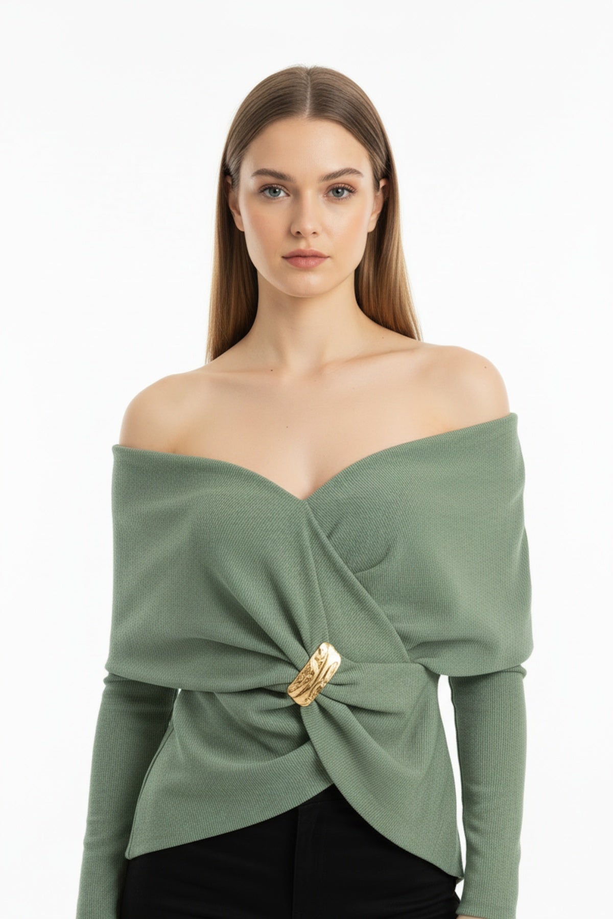 Glamour Shawl - Collar Blouse With Accessory Detail — Light Green