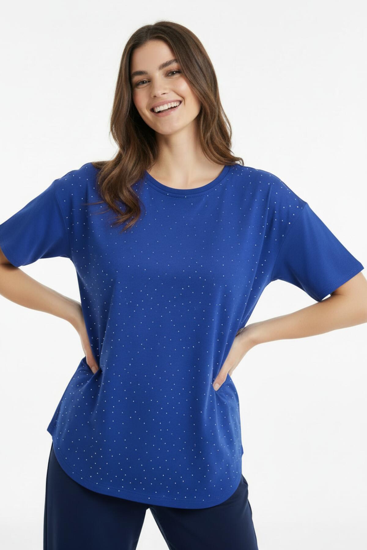 Women's Rounded‑Hem T‑Shirt With Stone Embellishments — Navy