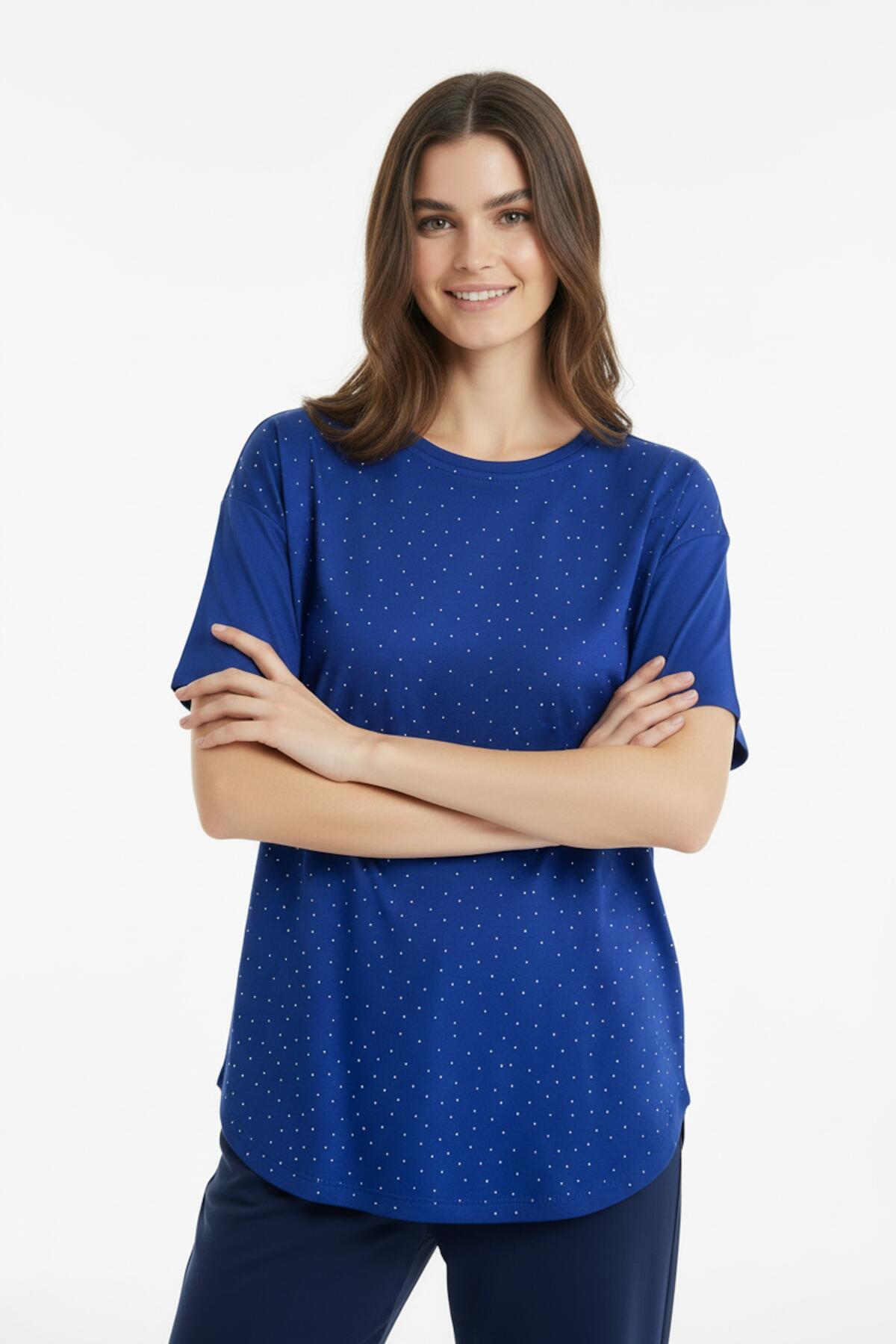 Women's Rounded‑Hem T‑Shirt With Stone Embellishments — Navy
