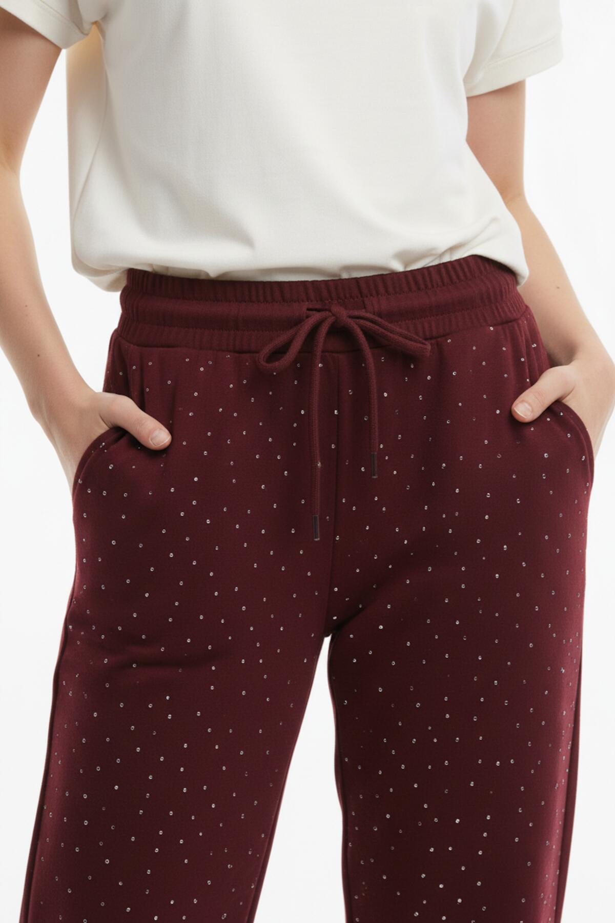 Burgundy Wide - Leg Trousers With Stone Details