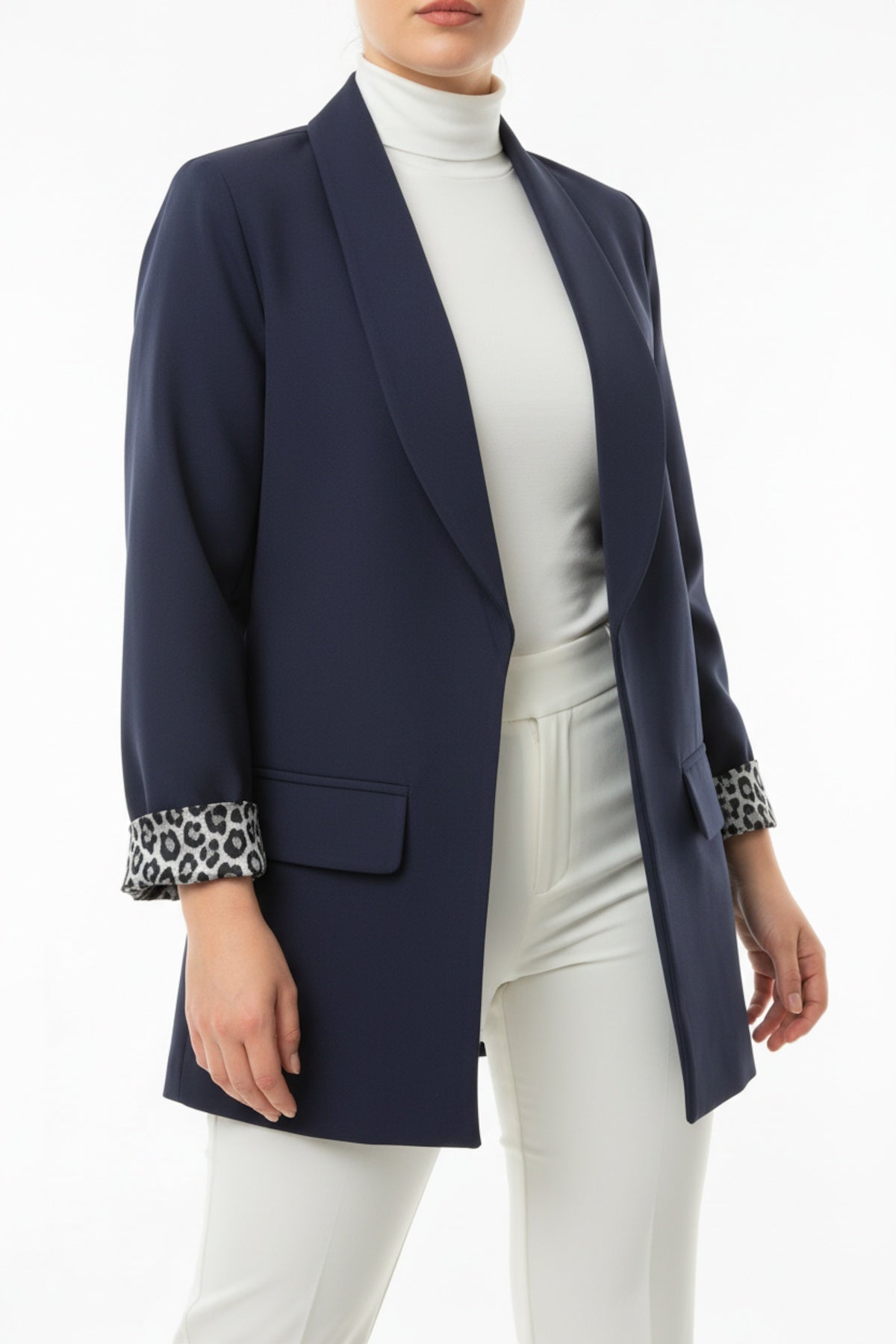 Schalkragen-Blazer mit Leopardenfutter — Navy