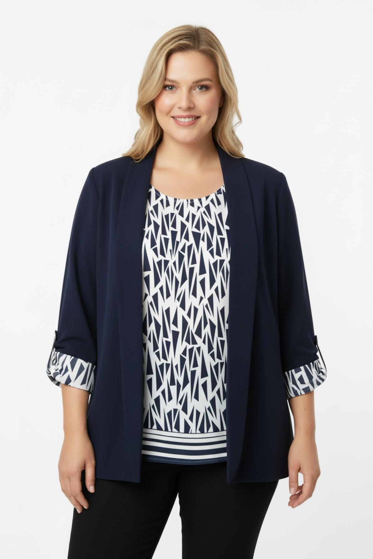 Plus - Size Navy Blazer & Blouse — Geometric Two - Piece Set