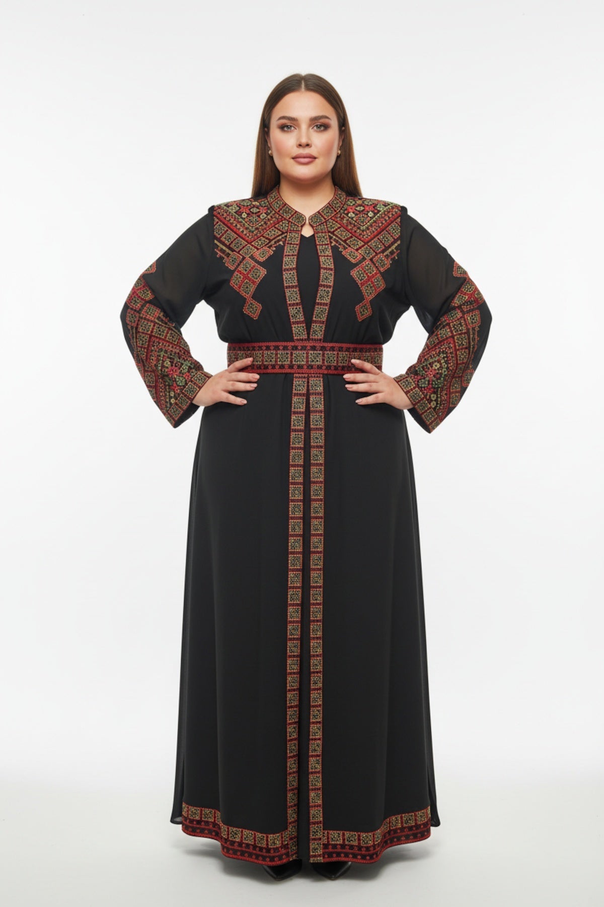 Ethnic Embroidered Dress With Sleeves, Shoulders And Belt — Black