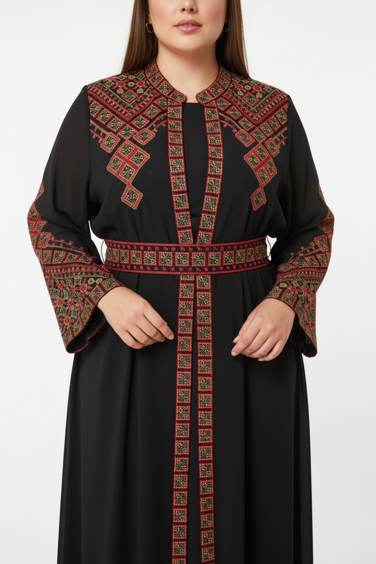 Ethnic Embroidered Dress With Sleeves, Shoulders And Belt — Black