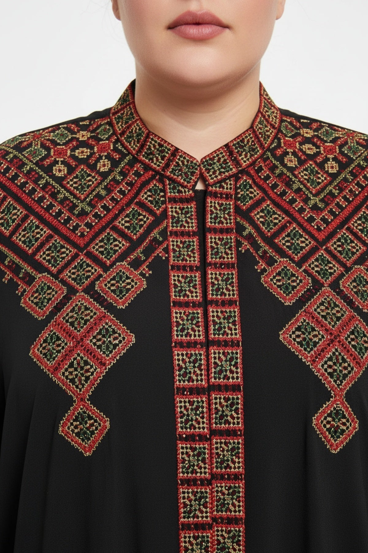 Ethnic Embroidered Dress With Sleeves, Shoulders And Belt — Black