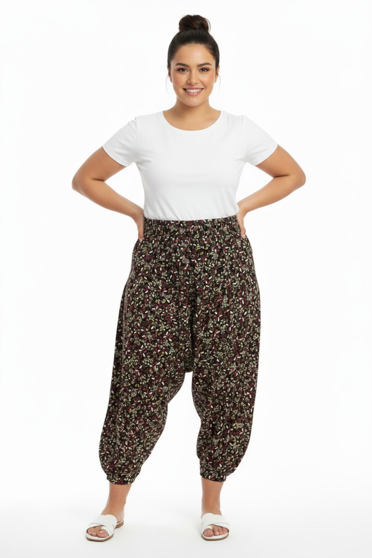 Plus - Size Patterned Woven Trousers — Multicolor