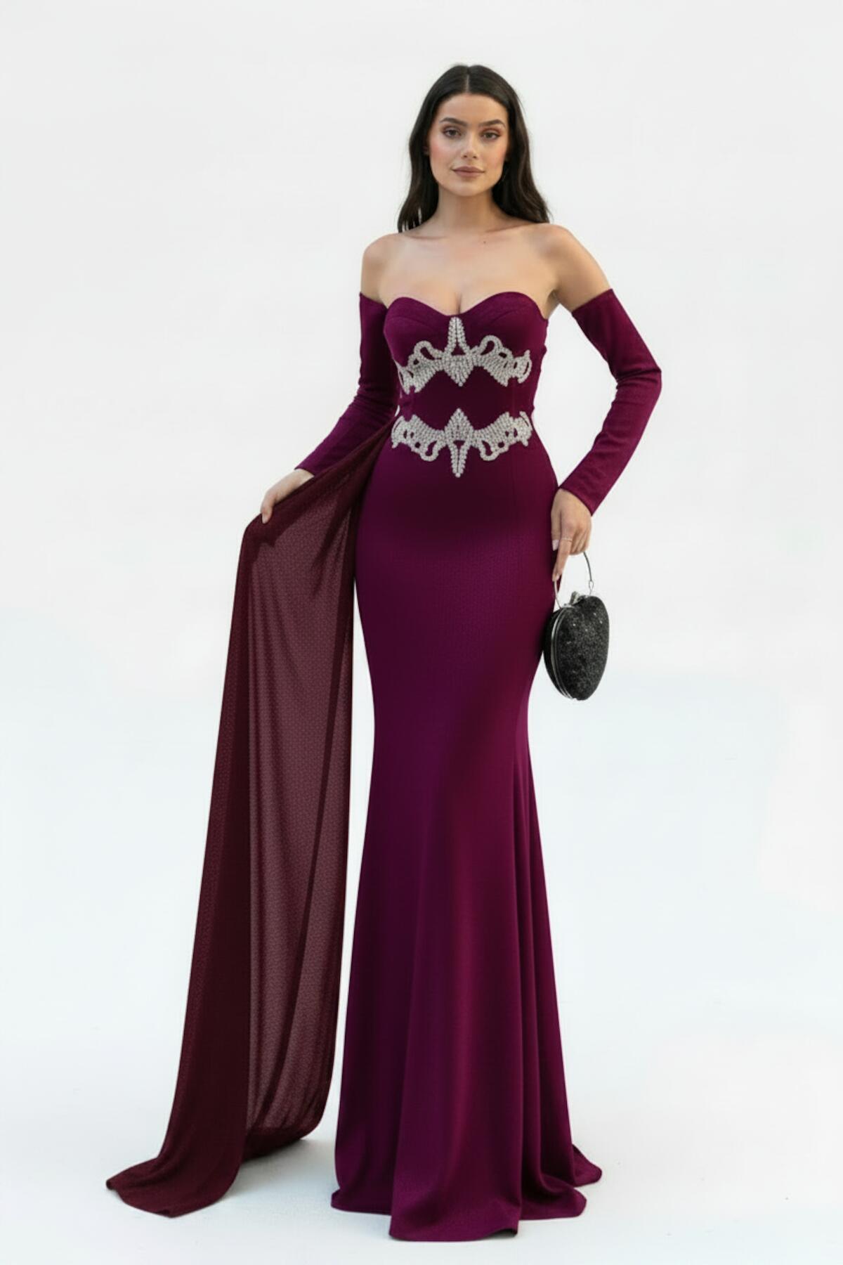 Plum Stone‑Embellished Mermaid Gown