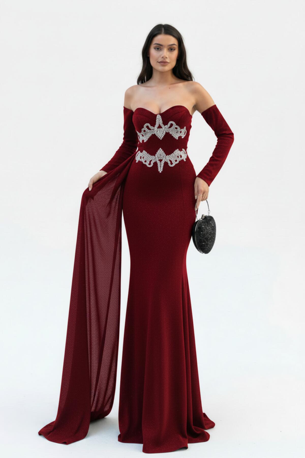 Red Stone‑Embellished Mermaid Evening Dress