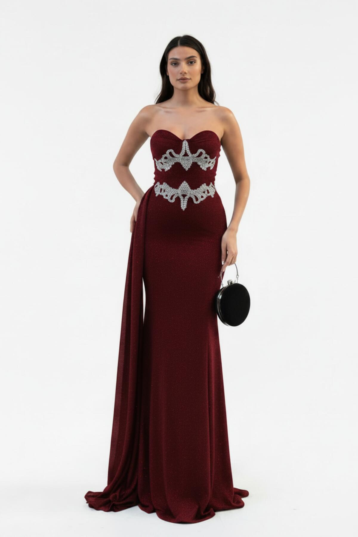 Red Stone‑Embellished Mermaid Evening Dress