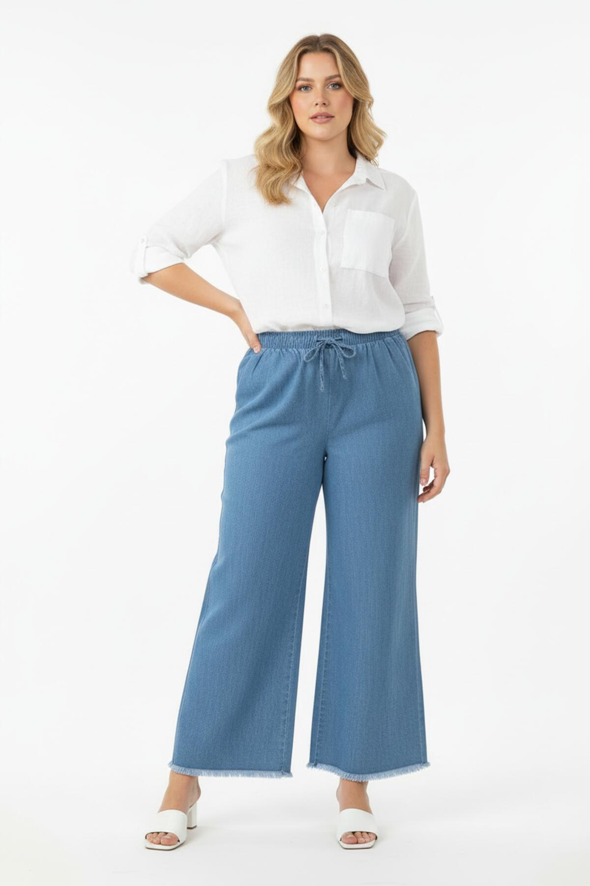 Plus - Size Wide - Leg Lightweight Denim Trousers — Blue