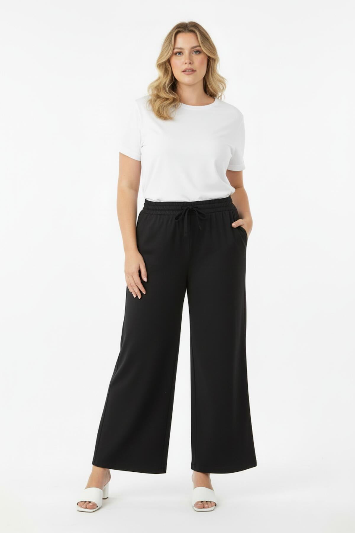 Plus - Size Long Trousers With Elastic Waist — Black