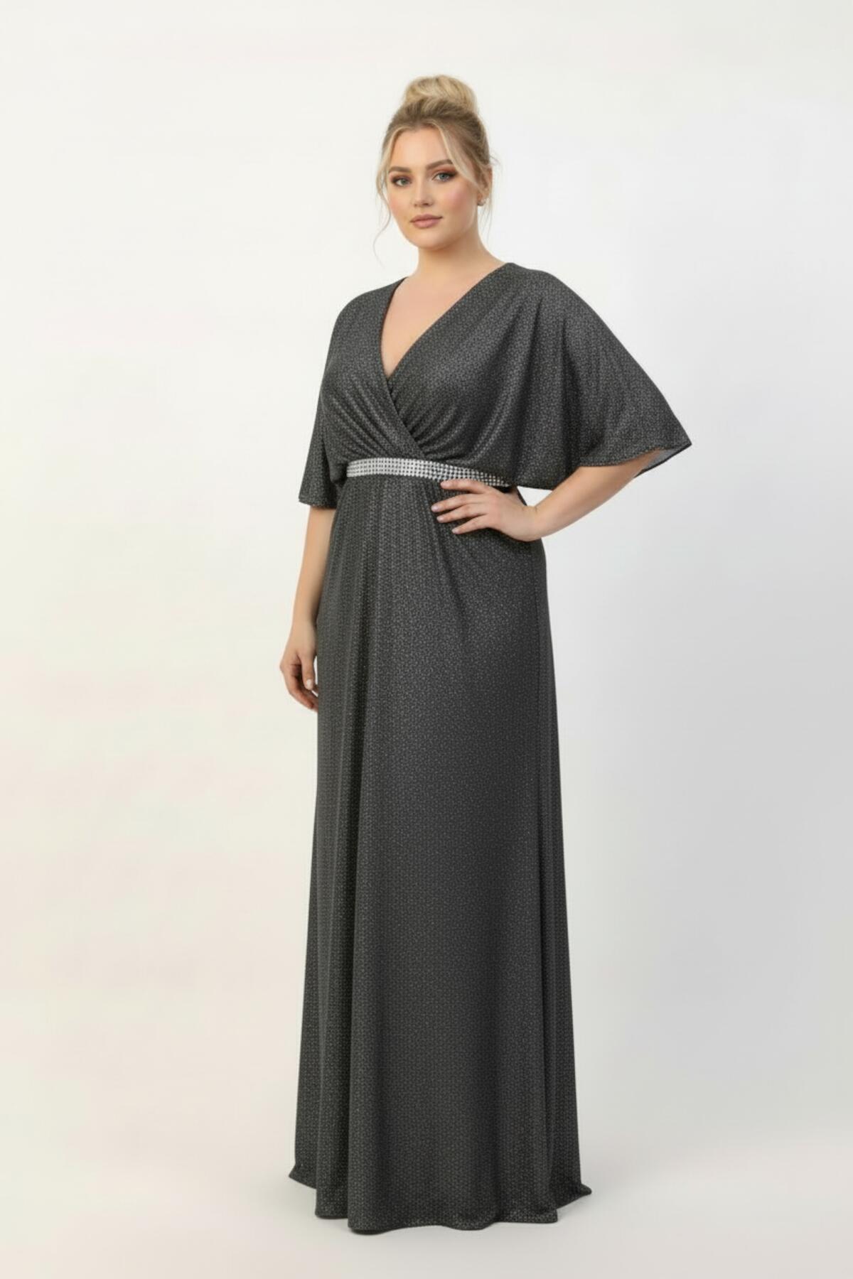 Plus - Size Long Evening Dress With Beaded Waist And Strip Detailing — Grey