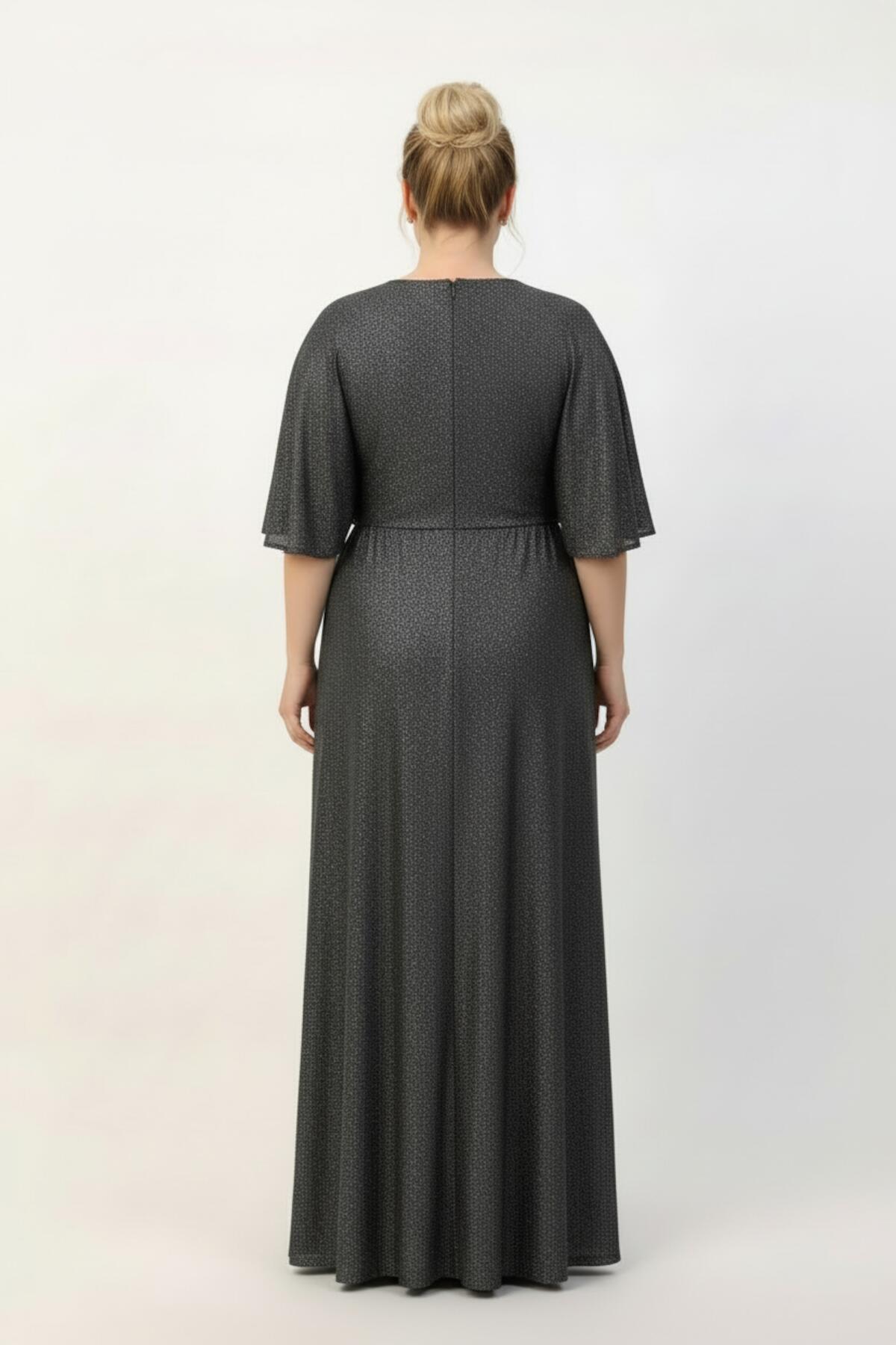 Plus - Size Long Evening Dress With Beaded Waist And Strip Detailing — Grey