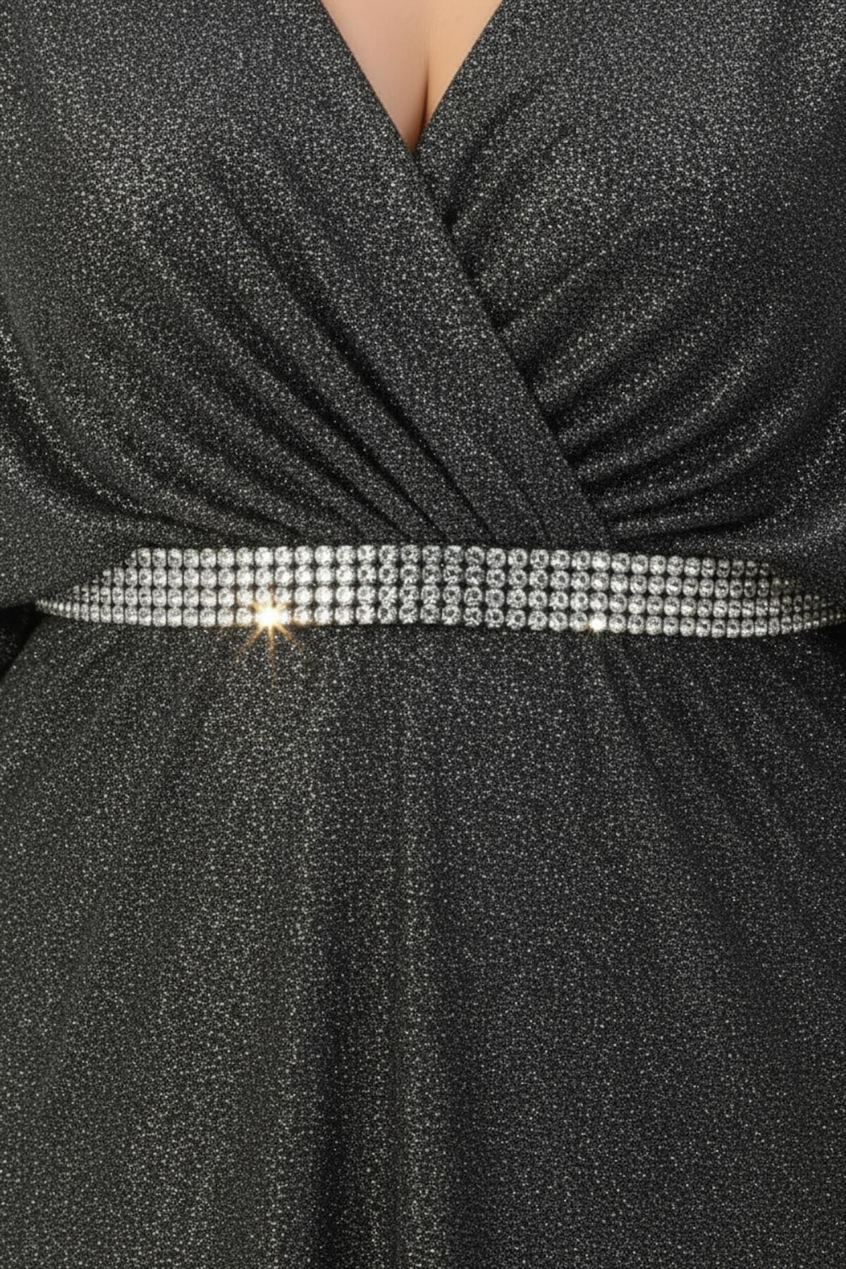 Plus - Size Long Evening Dress With Beaded Waist And Strip Detailing — Grey