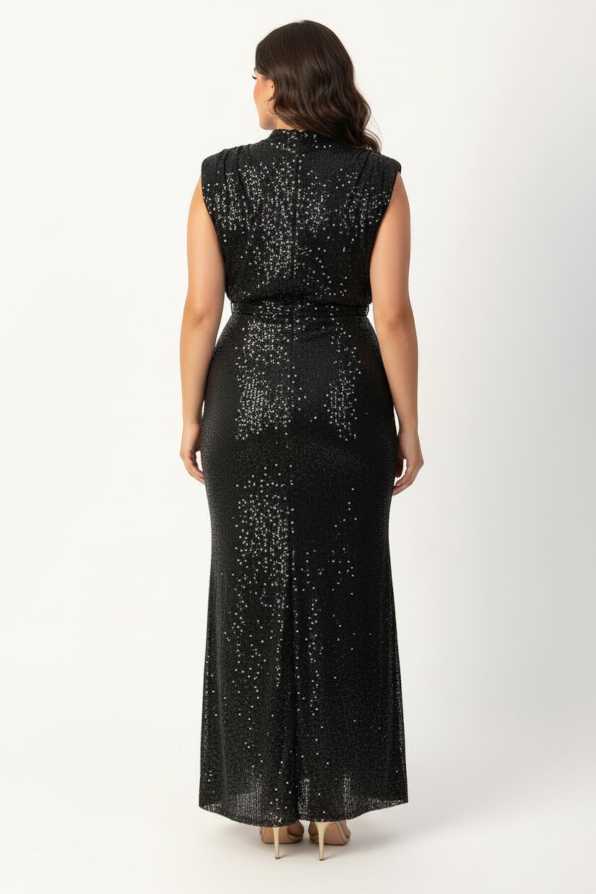 Plus-Size Ärmelloses, Tailliertes Paillettenkleid – Schwarz