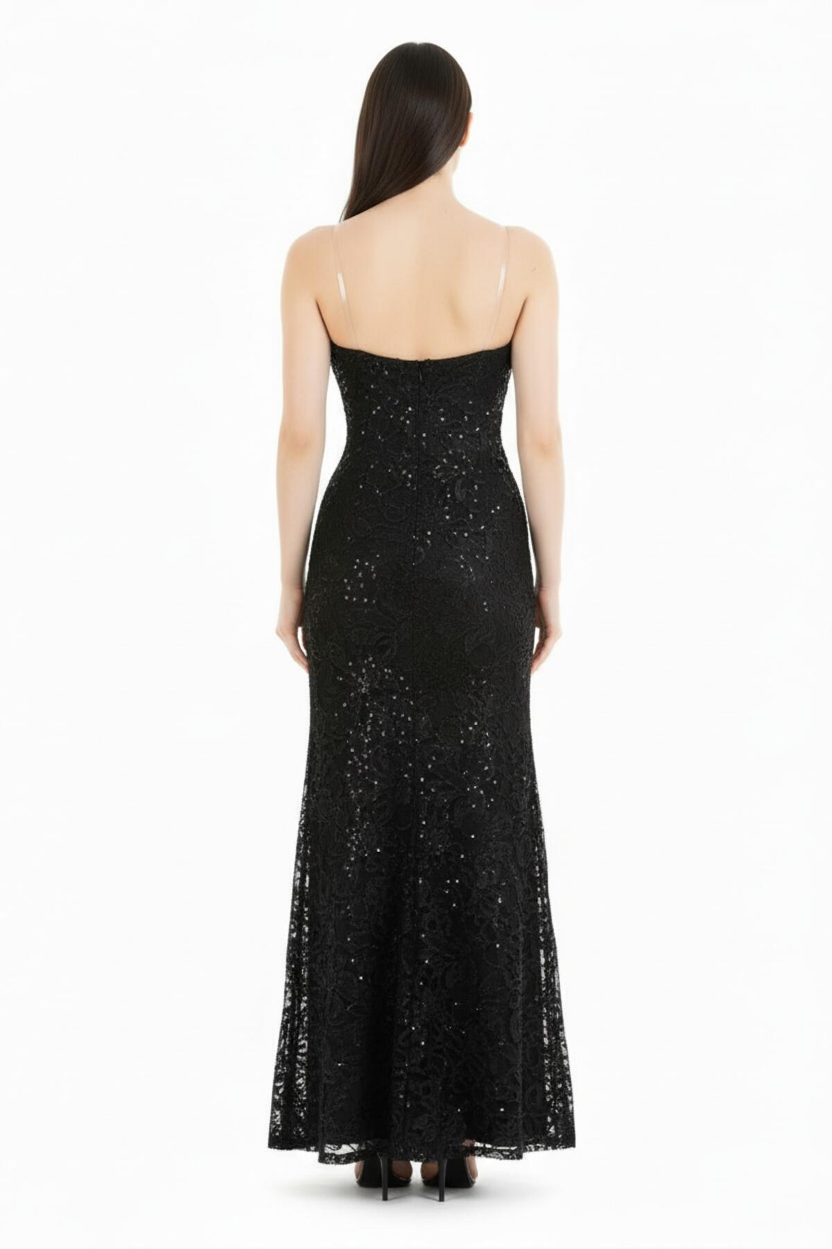 Sleeveless Long Lace Evening Dress With Bust Detail — Black