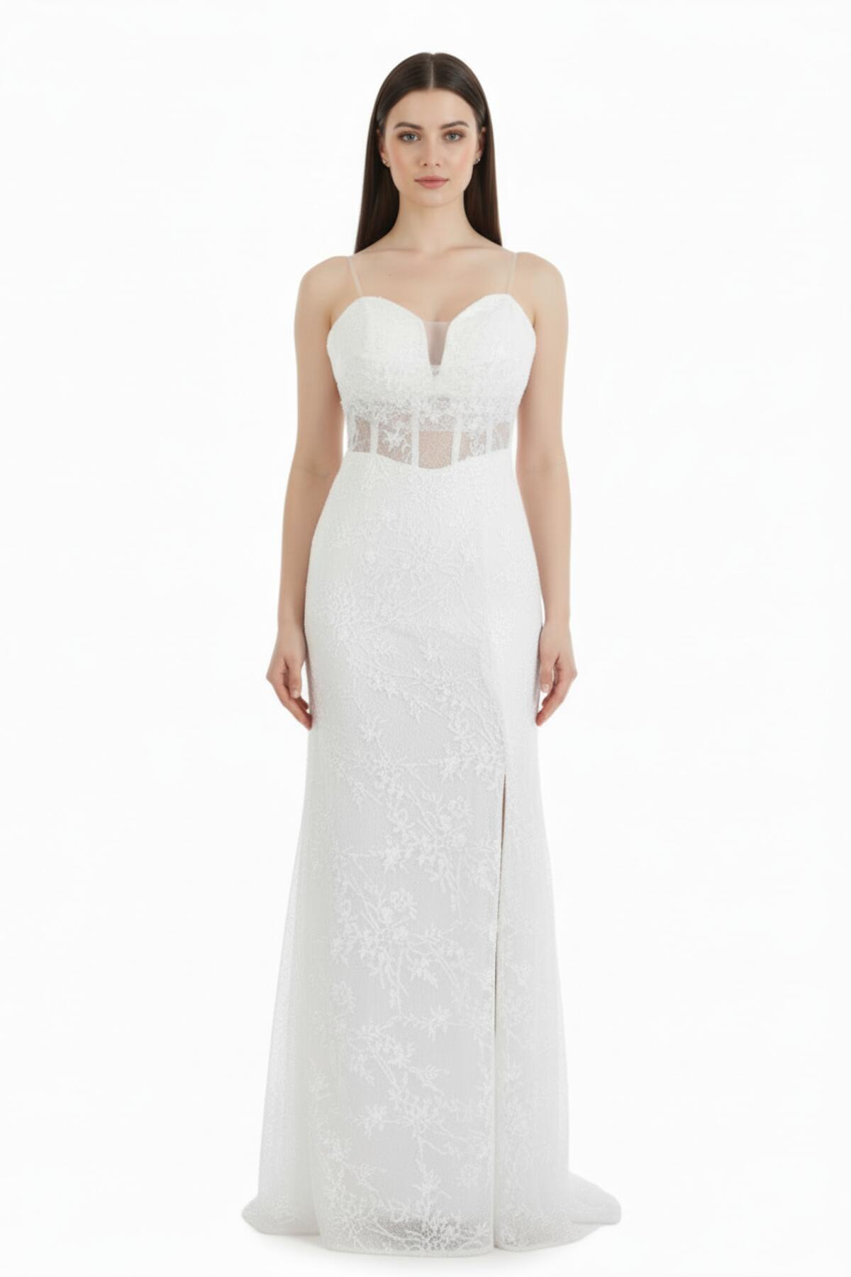 Sleeveless Long Lace Evening Dress With Bust Detail — White