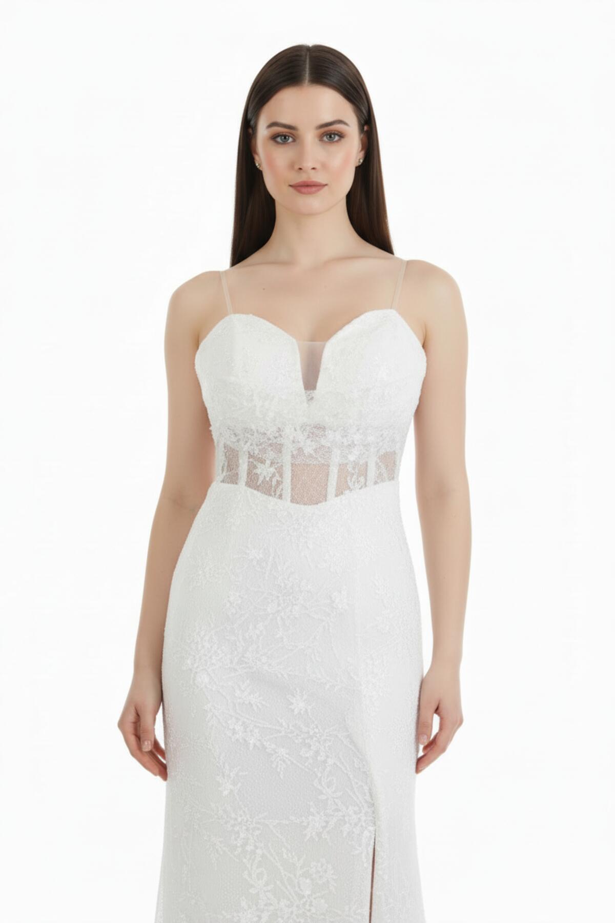 Sleeveless Long Lace Evening Dress With Bust Detail — White