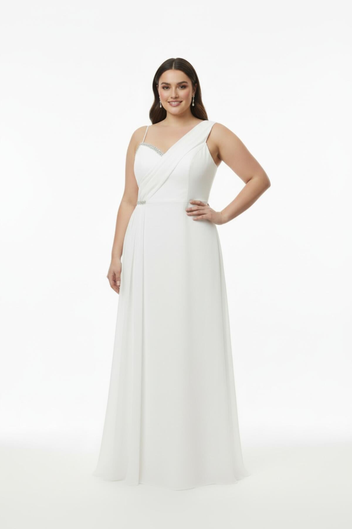 Plus - Size Sleeveless Long Evening Dress, Shaped At Bust And Waist — White