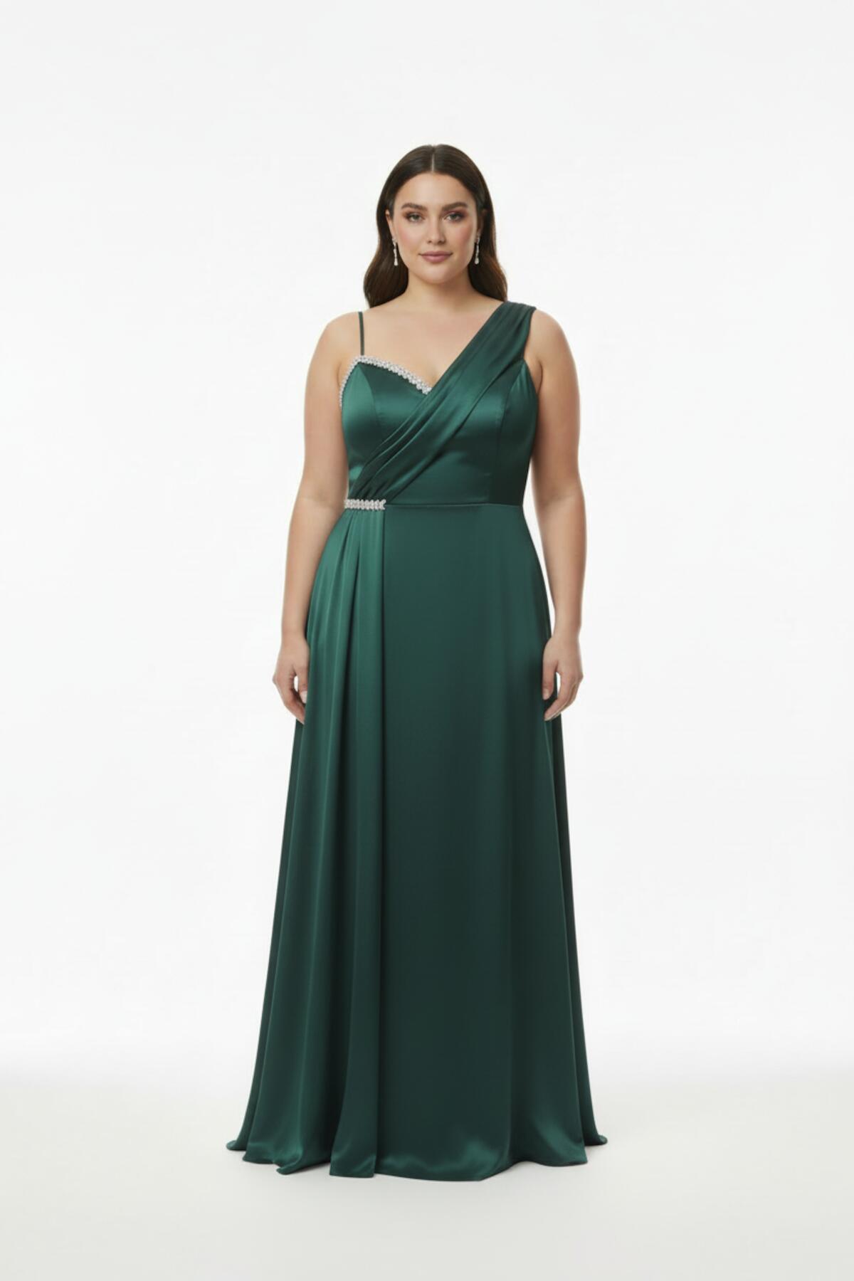 Plus - Size Sleeveless Long Evening Dress, Shaped At Bust And Waist — Green